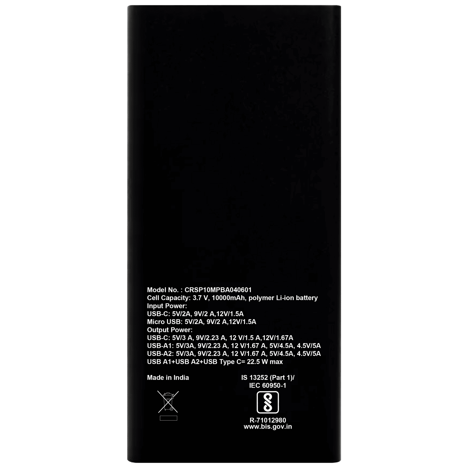 Croma 10000 mAh 22.5W Fast Charging Power Bank (2 Type A, 1 PD Type C & 1 Micro USB Port, Aluminium Casing, Apple Compatible, Black)_13