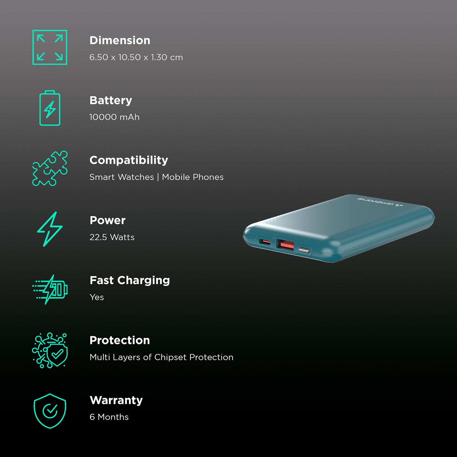 ambrane Powerlit 10000 mAh 22.5W Fast Charging Power Bank (1 Type A and 1 Type C Ports, Dual BoostedSpeed Output, Green) ambrane Powerlit 10000 mAh 22.5W Fast Charging Power Bank (1 Type A and 1 Type C Ports, Dual BoostedSpeed Output, Green)_3