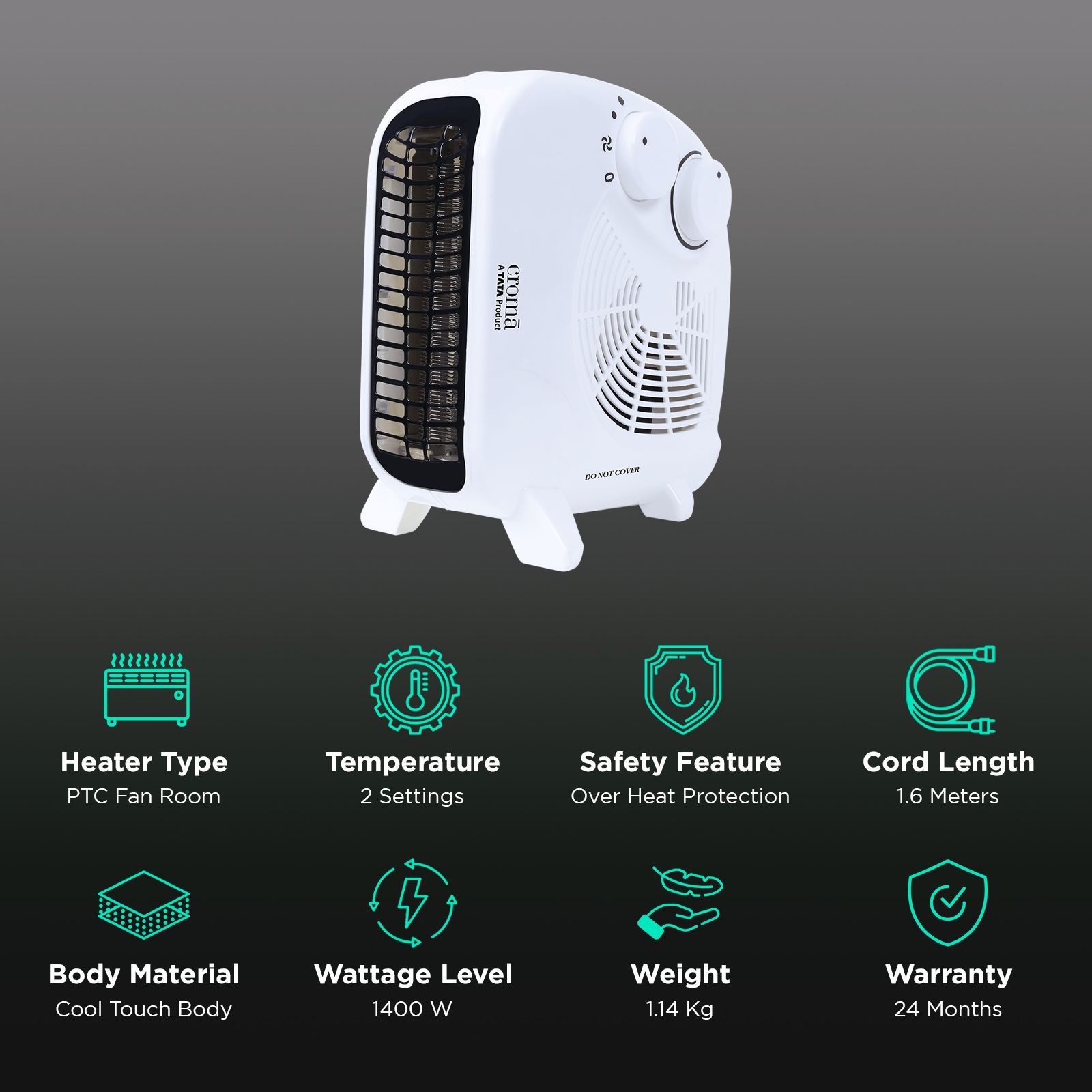 Croma 1400W Fan Room Heater with Adjustable Thermostat (Noiseless Operation_3