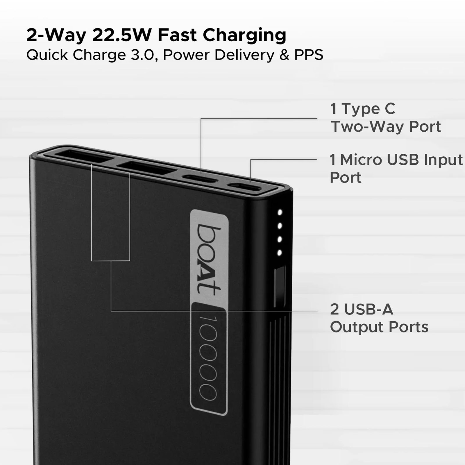 boAt Energyshroom PB300 10000 mAh 22.5W Fast Charging Power Bank (2 Type A, 1 Micro USB & 1 Type C Ports, Sleek Aluminium Casing, LED Indicators, Carbon Black) boAt Energyshroom PB300 10000 mAh 22.5W Fast Charging Power Bank (2 Type A, 1 Micro USB & 1 Type C Ports, Sleek Aluminium Casing, LED Indicators, Carbon Black)_3