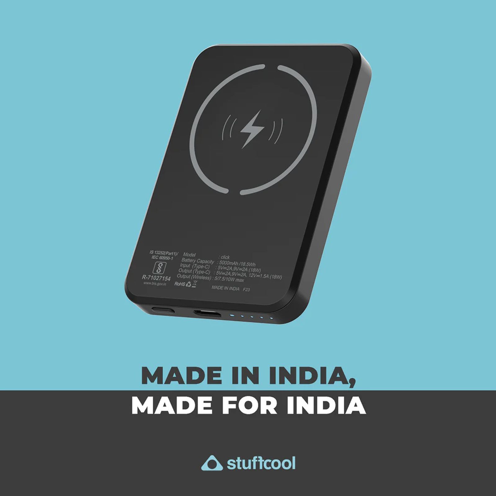 stuffcool Click 5000 mAh 18W Fast Charging Power Bank (1 Type C Port, Short Circuit Protection, Matte Black)_8