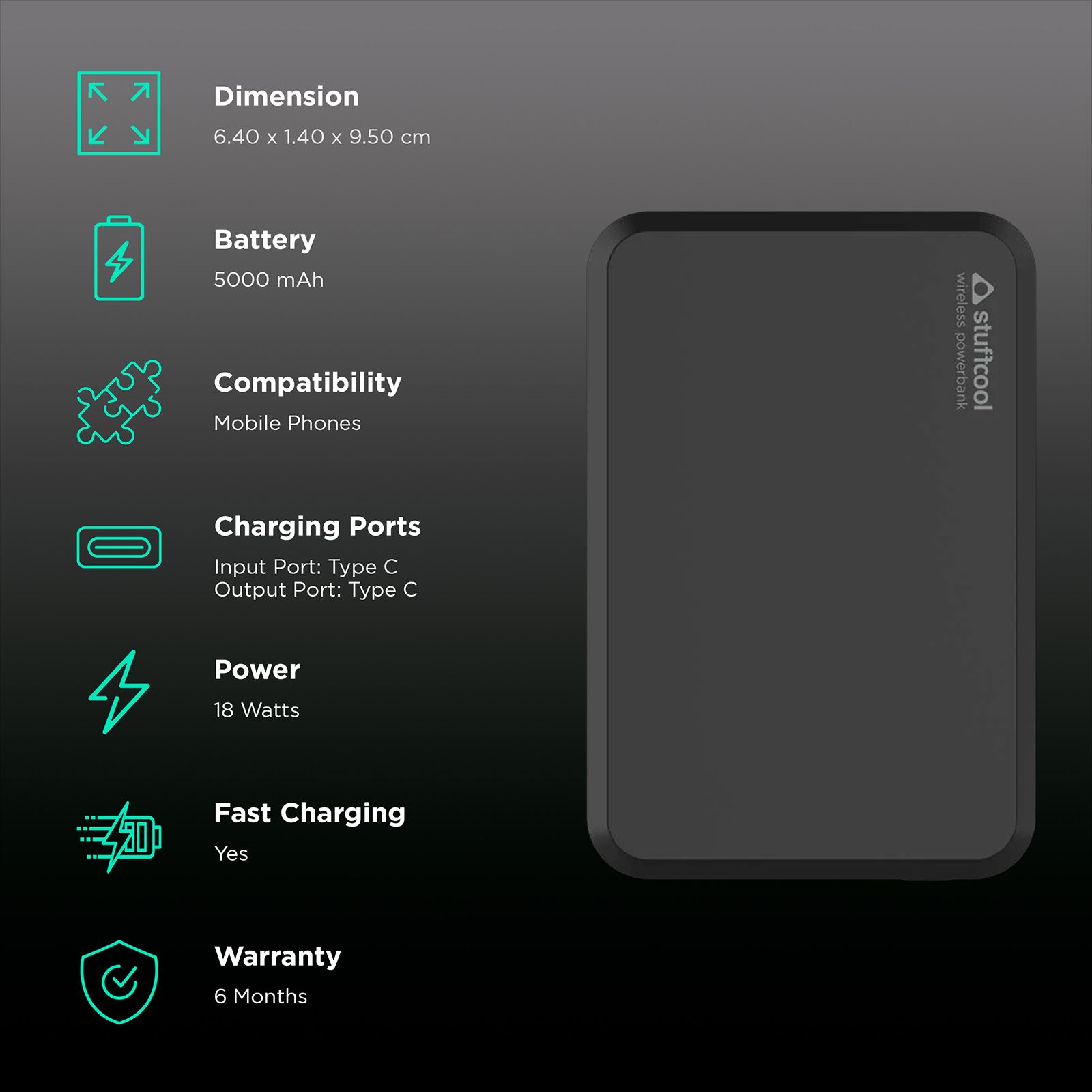 stuffcool Click 5000 mAh 18W Fast Charging Power Bank (1 Type C Port, Short Circuit Protection, Matte Black)_3