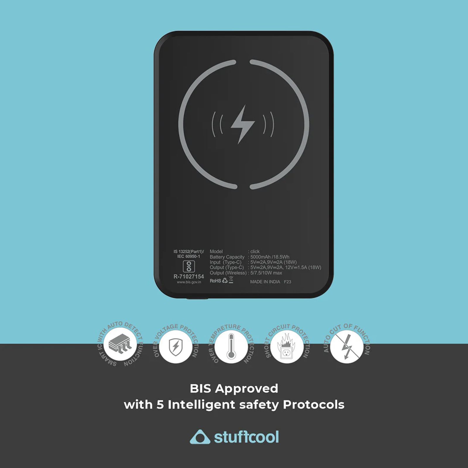 stuffcool Click 5000 mAh 18W Fast Charging Power Bank (1 Type C Port, Short Circuit Protection, Matte Black)_7