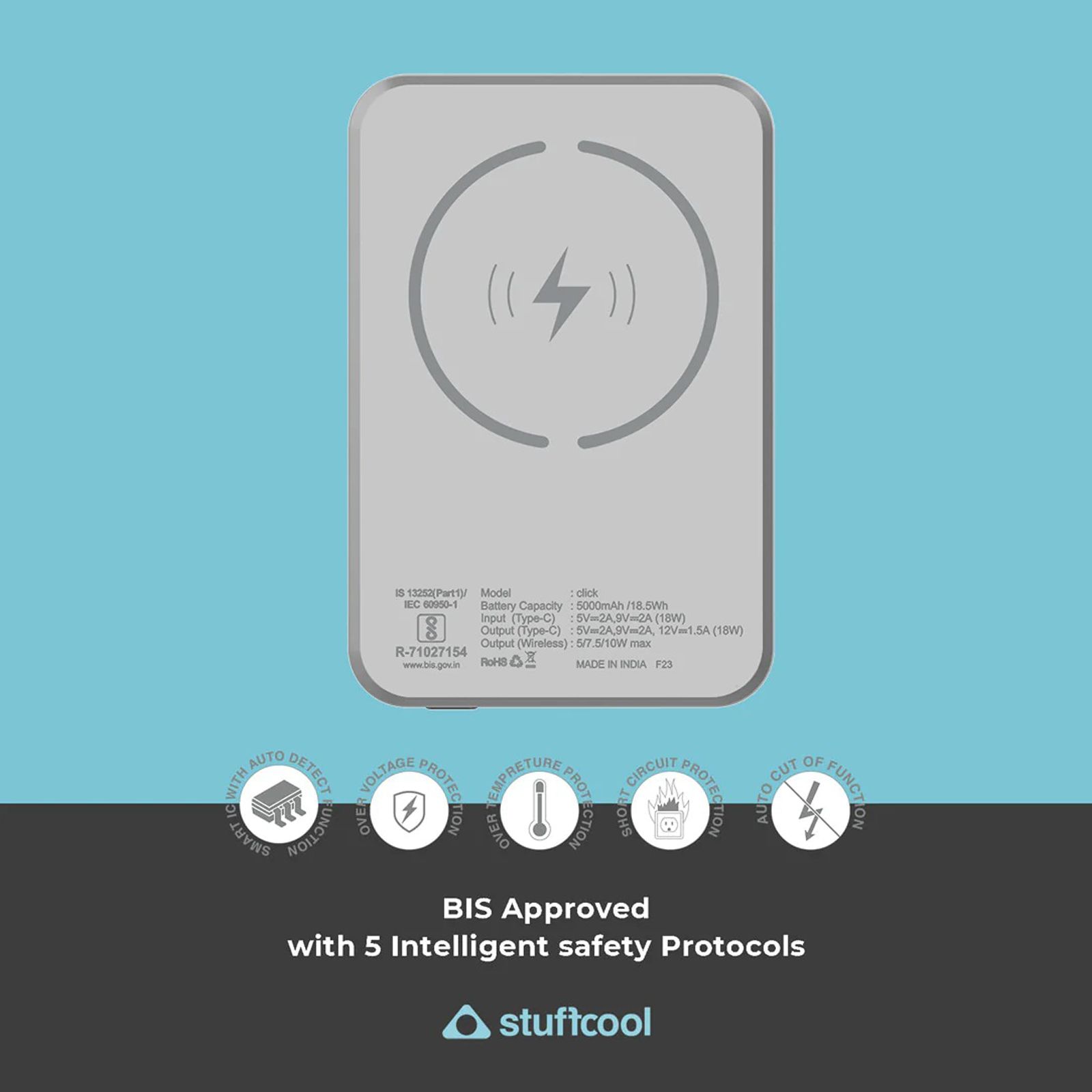 stuffcool Click 5000 mAh 18W Fast Charging Power Bank (1 Type C Port, Short Circuit Protection, Metallic Grey)_7