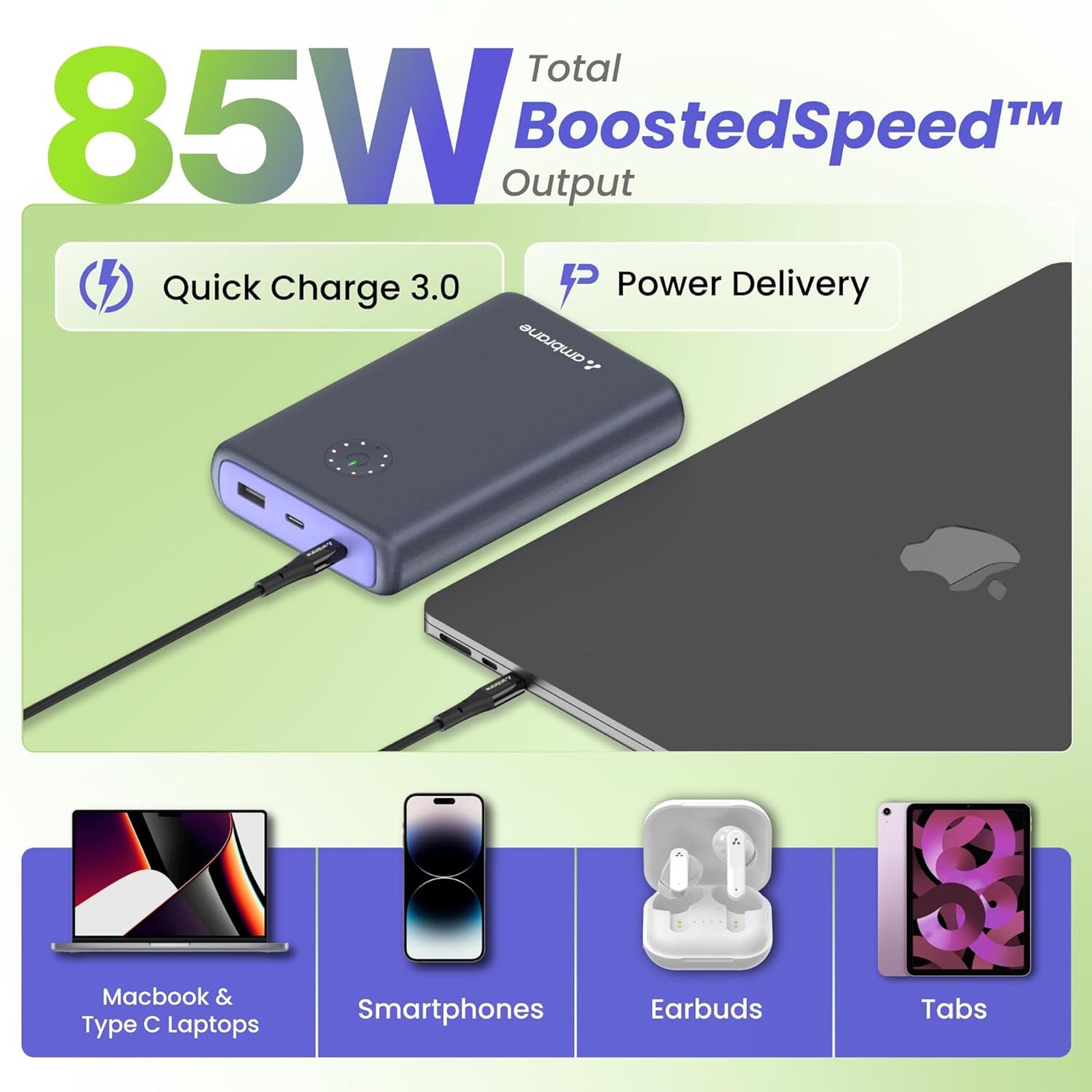 ambrane Powerlit Ultra Lite 20000 mAh 85W Fast Charging Power Bank (2 Type C & 1 Type A Ports, Multi Layers of Chipset Protection, Black)_9