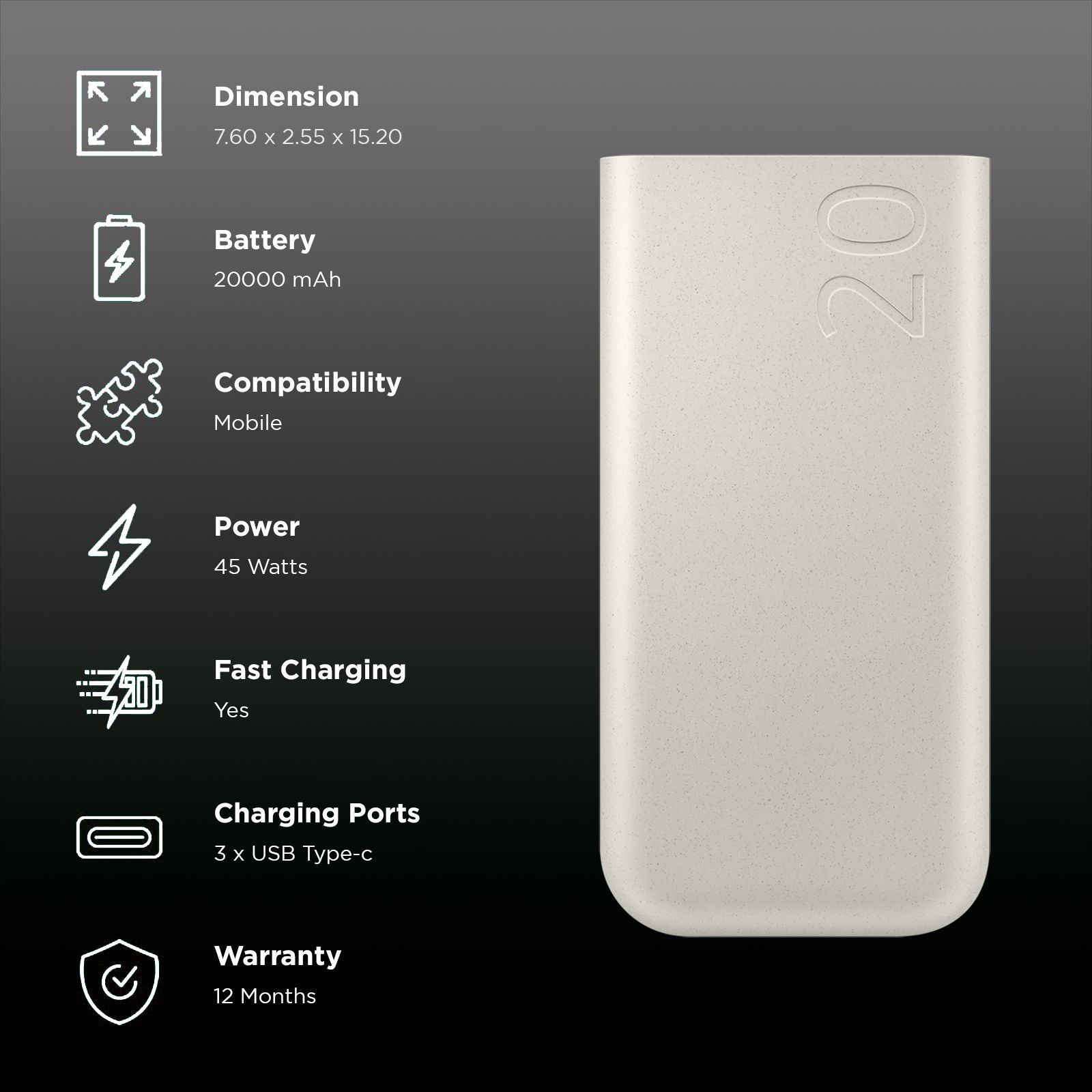 SAMSUNG 20000 mAh 45W Fast Charging Power Bank (3 Type C Ports, Supports PD 3.0, Beige)_3
