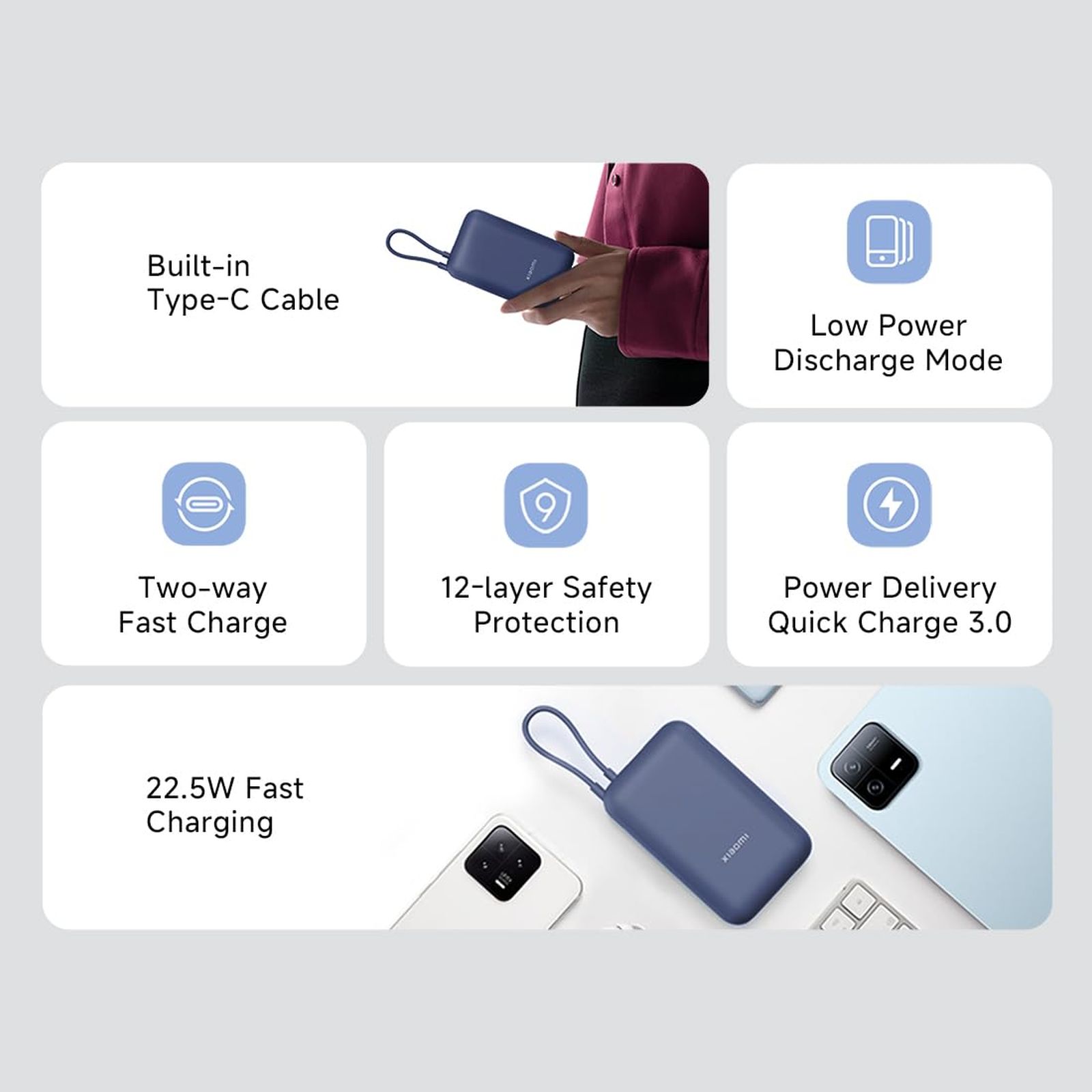 Xiaomi Pocket 10000 mAh 22.5W Fast Charging Power Bank (2 Type A & 1 Type C Ports, Quick Charge 3.0, Blue)_4