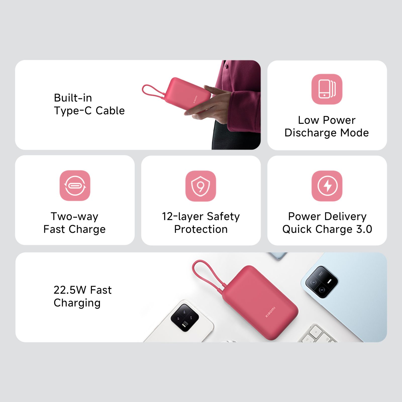 Xiaomi Pocket 10000 mAh 22.5W Fast Charging Power Bank (2 Type A & 1 Type C Ports, Quick Charge 3.0, Maroon)_4