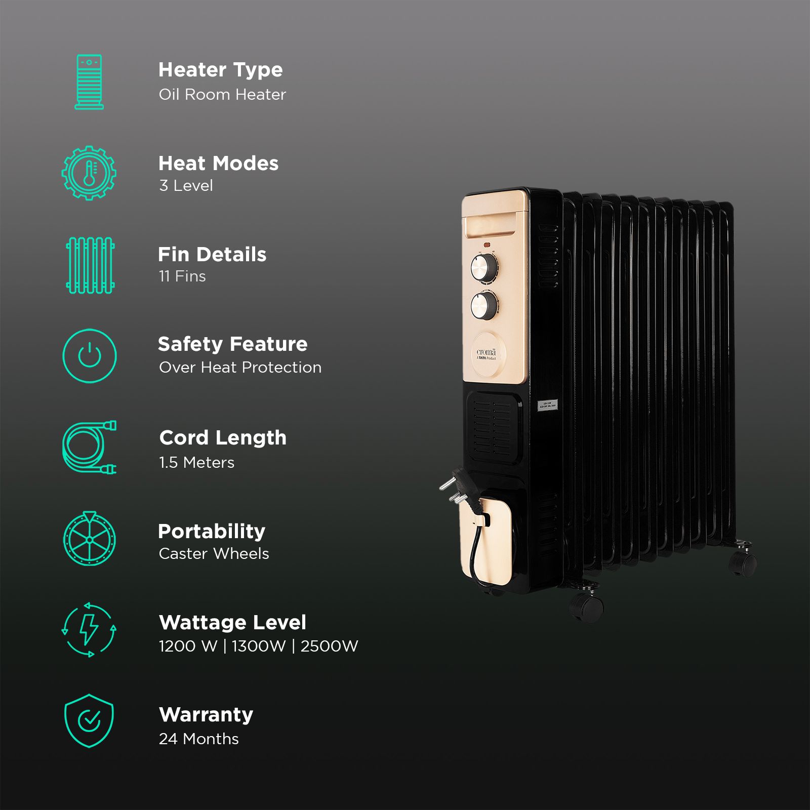Croma 2900W PTC Fan Oil Filled Radiator Room Heater with 11 Fins (Thermostatic Knob, Black) Croma 2900W PTC Fan Oil Filled Radiator Room Heater with 11 Fins (Thermostatic Knob, Black)_3