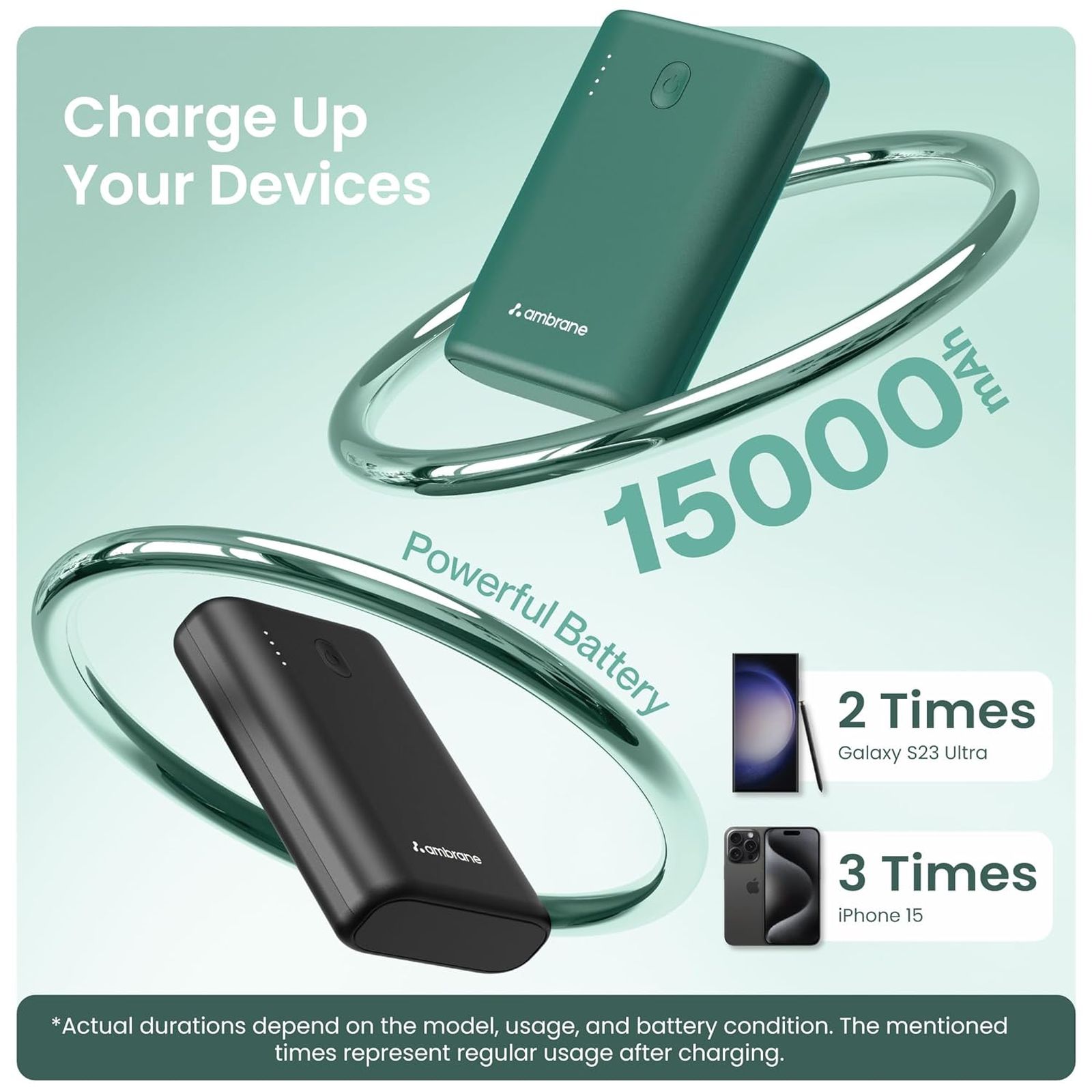 ambrane PowerLit 45 15000 mAh 45W Fast Charging Power Bank (1 Type A & 2 Type C Ports, Advanced Chipset Protection, Green)_7