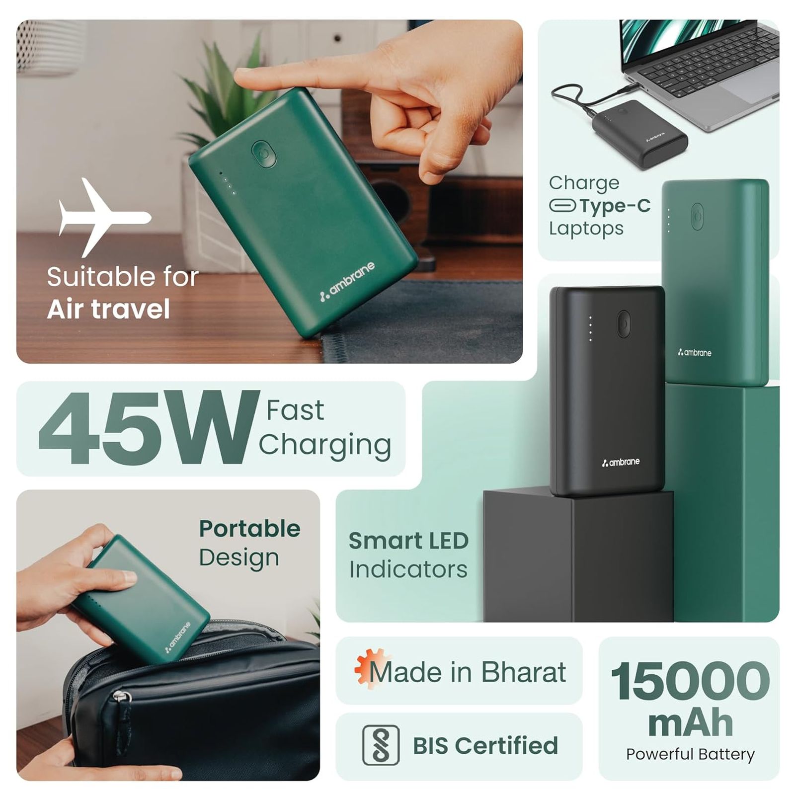 ambrane PowerLit 45 15000 mAh 45W Fast Charging Power Bank (1 Type A & 2 Type C Ports, Advanced Chipset Protection, Green)_4