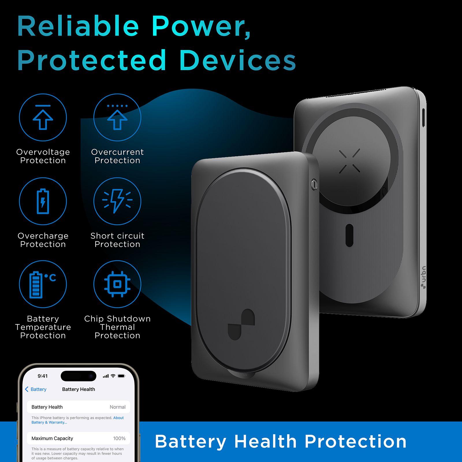 urbn UPR104 10000 mAh 20W Fast Charging Power Bank (1 Type A Port, 1 Type C Port & 1 Lightning Port, Multi Layer Circuit Protection, Black)_10
