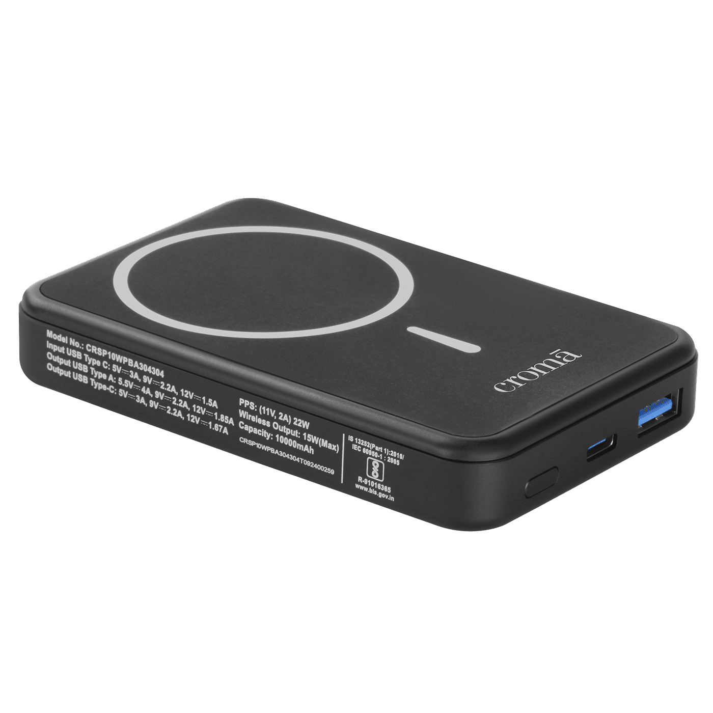 Croma 10000 mAh 22.5W Fast Charging Power Bank (1 Type A & 1 Type C Ports, Aluminium Casing, Magsafe Compatible, Black)_10