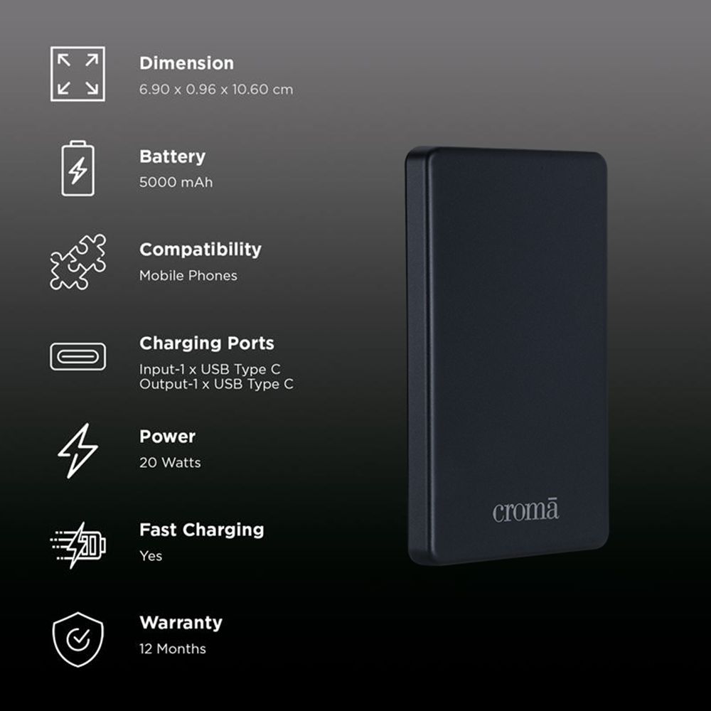 Croma 5000 mAh 20W Fast Charging Power Bank (1 Type C Port, Durable Plastic Case, Magsafe Compatible, Black)_3
