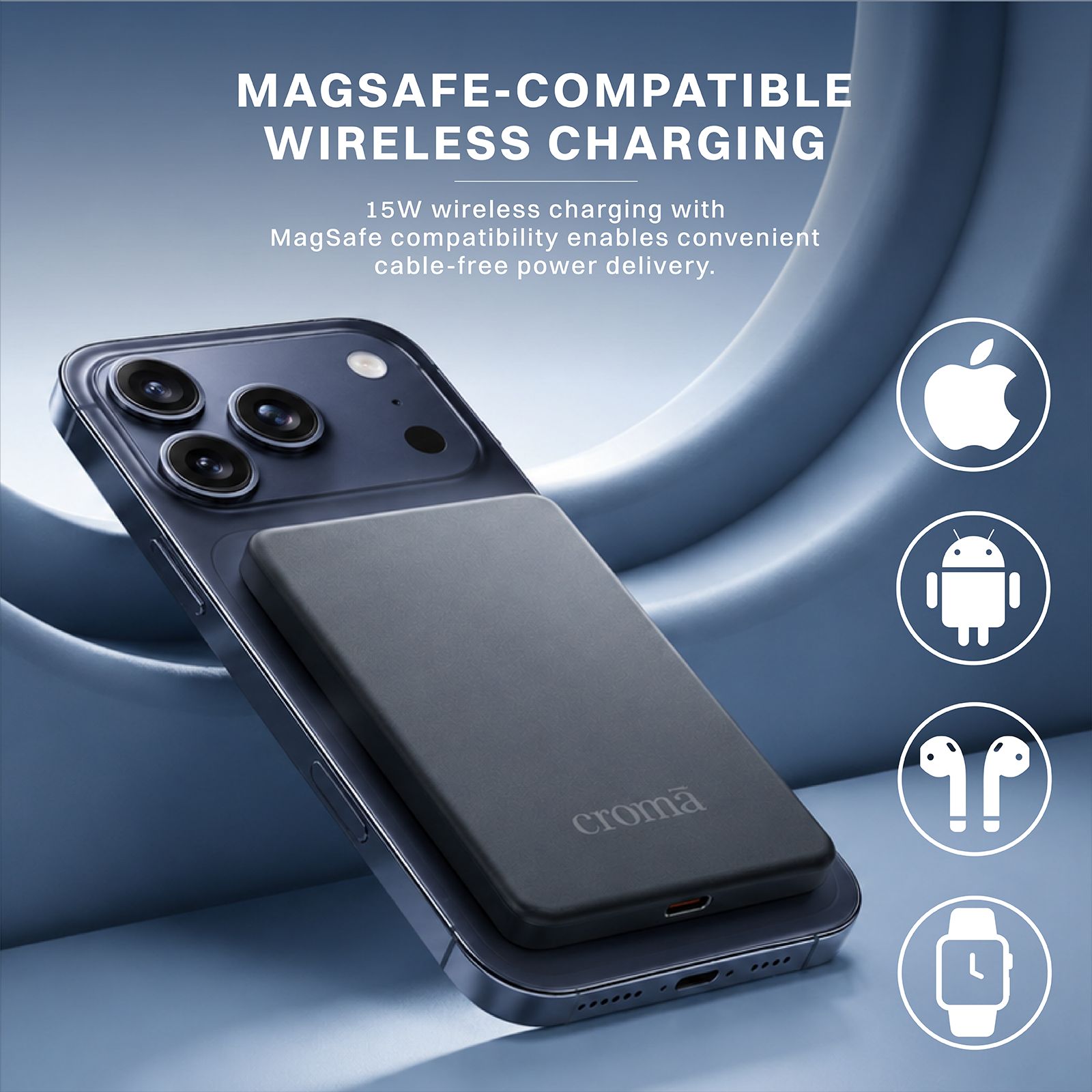 Croma 5000 mAh 20W Fast Charging Power Bank (1 Type C Port, Durable Plastic Case, Magsafe Compatible, Black)_5