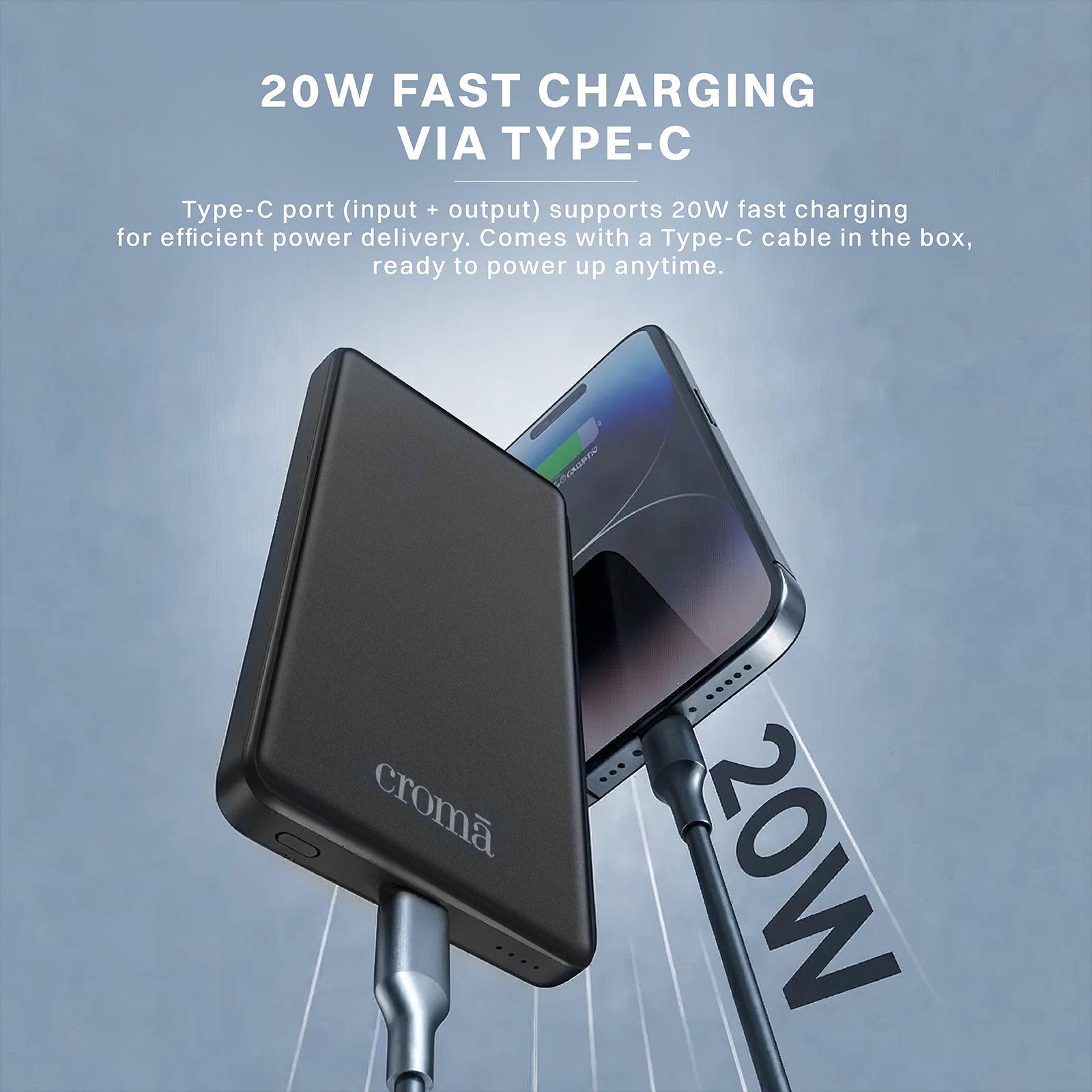 Croma 5000 mAh 20W Fast Charging Power Bank (1 Type C Port, Durable Plastic Case, Magsafe Compatible, Black)_6