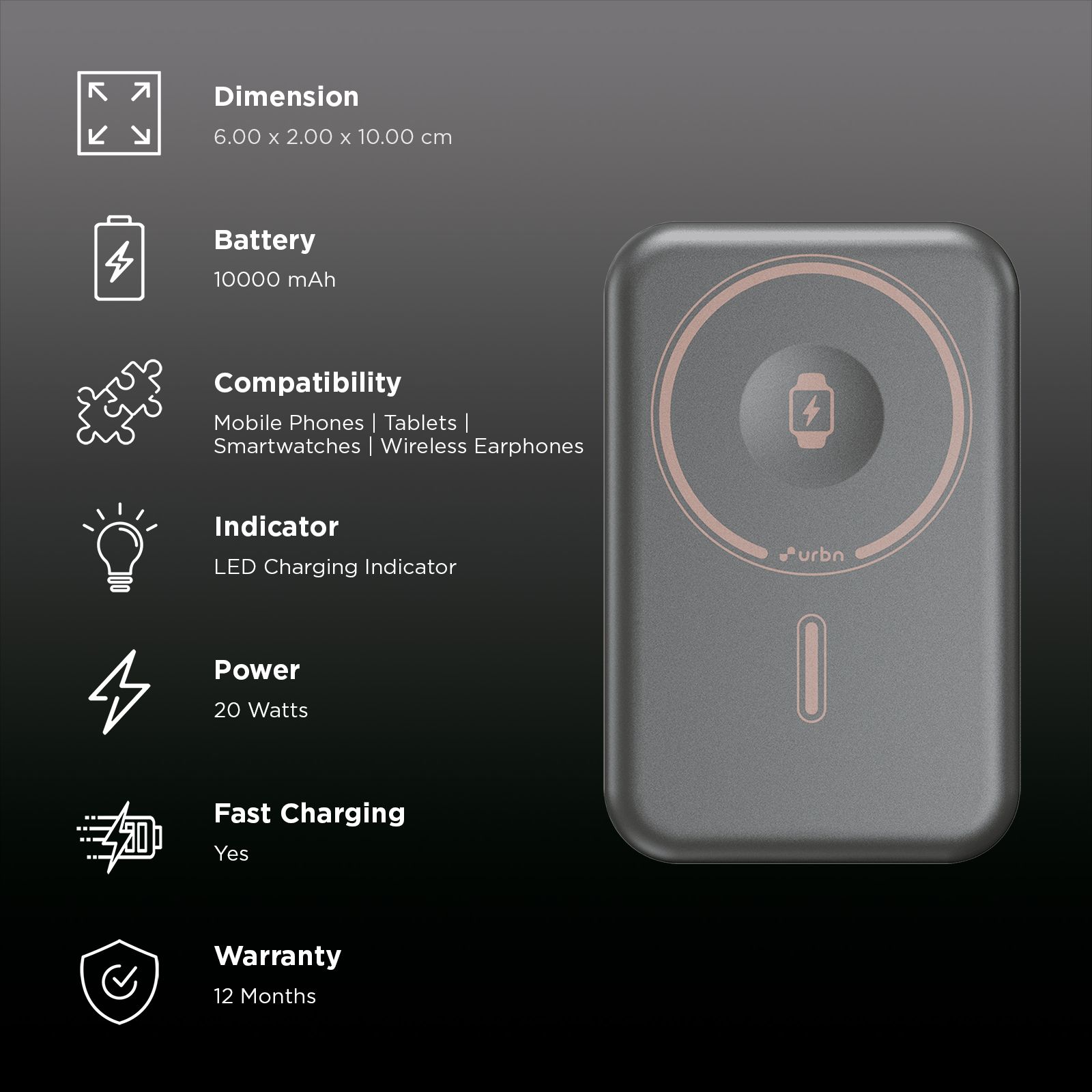 Urbn Curve 10000 mAh 20W Fast Charging Power Bank (1 Type C Port, MagSafe Compatible, Soft Touch Finish, Travel Friendly, Gray Gun Metal) Urbn Curve 10000 mAh 20W Fast Charging Power Bank (1 Type C Port, MagSafe Compatible, Soft Touch Finish, Travel Friendly, Gray Gun Metal)_3