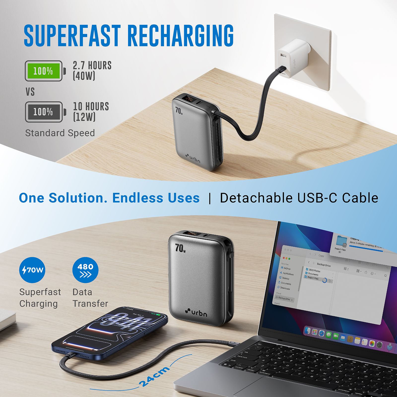 Urbn Zap 20000 mAh 70W Fast Charging Power Bank (1 Type C Port, 1 Built-in Cable Type C, Digital Display, Grey) Urbn Zap 20000 mAh 70W Fast Charging Power Bank (1 Type C Port, 1 Built-in Cable Type C, Digital Display, Grey)_15
