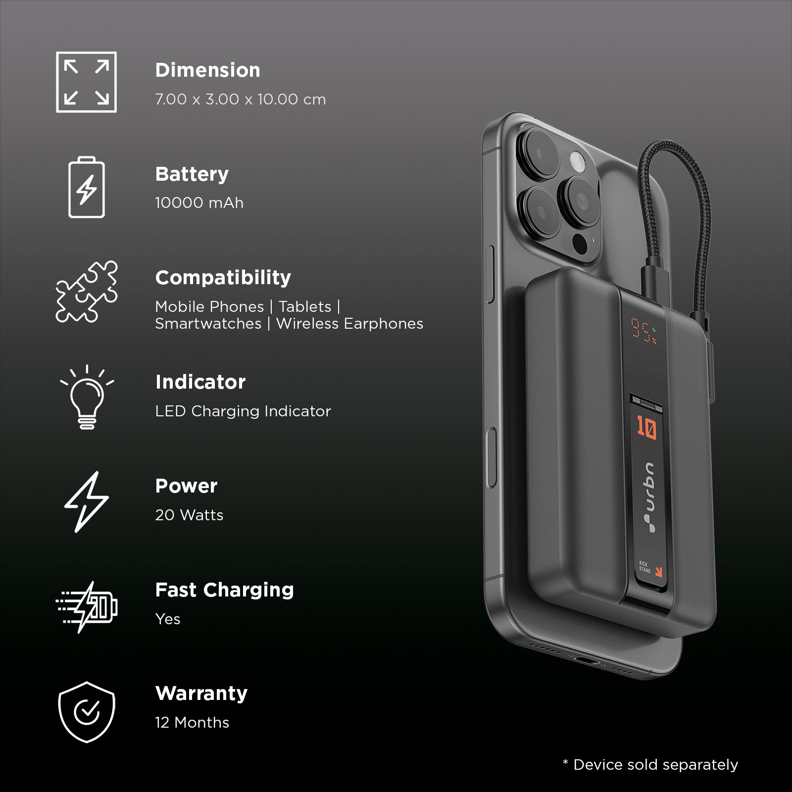 Urbn One Aero 10000 mAh 20W Fast Charging Power Bank(2 Type C Port, MagSafe Compatible, Smart LED Display, Black) Urbn One Aero 10000 mAh 20W Fast Charging Power Bank(2 Type C Port, MagSafe Compatible, Smart LED Display, Black)_3