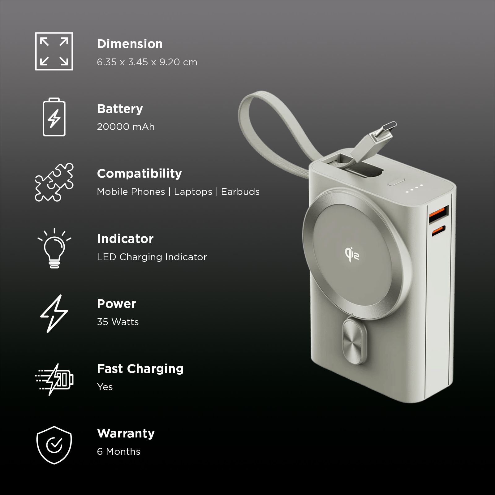 Ambrane AerosynQ Orbit 20K 20000 mAh 35W Fast Charging Power Bank (1 Type A Port, 1 Type C Port, MagSafe Compatible, 1 Built-in Type-C Cable, Metallic Finish, SafeCharge Technology, Titanium) Ambrane AerosynQ Orbit 20K 20000 mAh 35W Fast Charging Power Bank (1 Type A Port, 1 Type C Port, MagSafe Compatible, 1 Built-in Type-C Cable, Metallic Finish, SafeCharge Technology, Titanium)_3