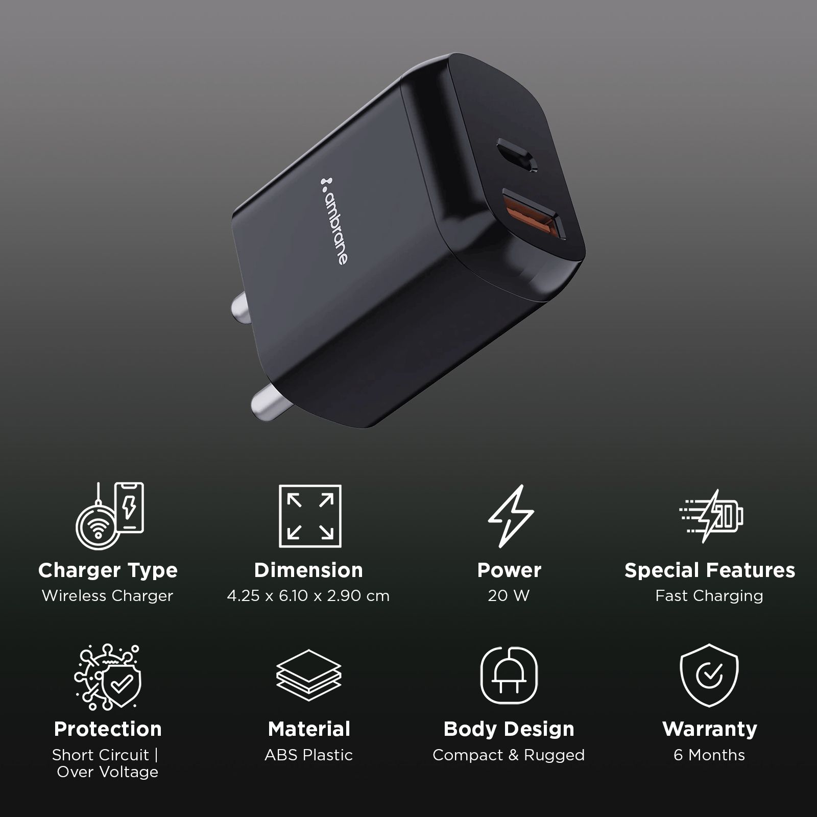 Ambrane RAAP H11 20W Type C & Type A 2-Port Fast Charger (Adapter Only, Fireproof, Black) Ambrane RAAP H11 20W Type C & Type A 2-Port Fast Charger (Adapter Only, Fireproof, Black)_3