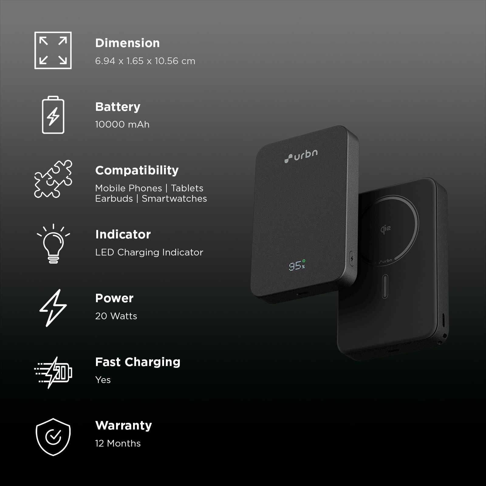 Urbn Slate 10000 mAh 20W Fast Charging Power Bank (2 Type C Ports, MagSafe Compatible, Premium Metallic Finish, LED Display, Black)_3