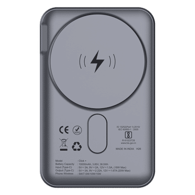 stuffcool Click Plus 10000 mAh 20W Fast Charging Power Bank (1 USB Type C Port, Premium Metallic Finish Casing, MagSafe Compatible, Built-In Stand, Grey)