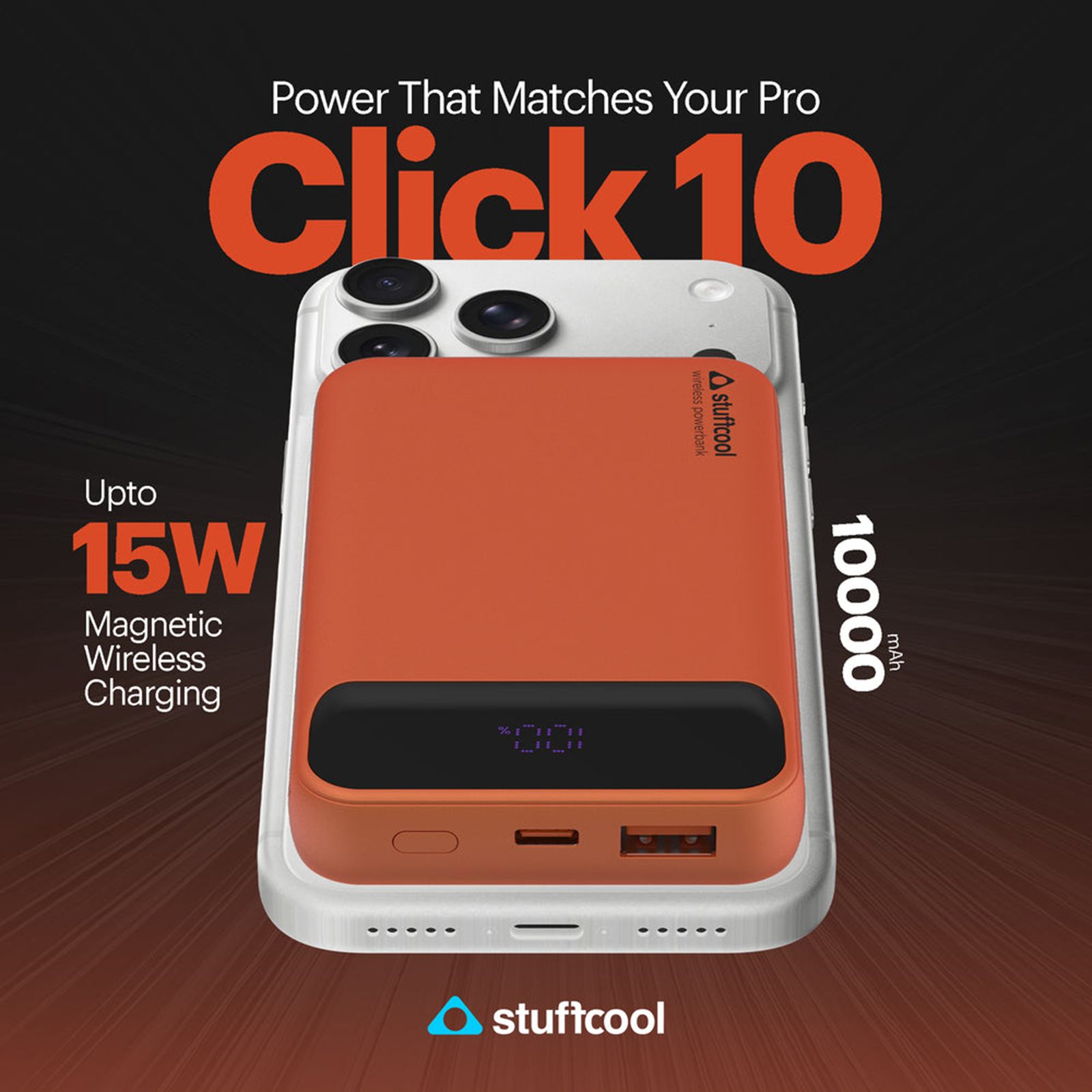 Stuffcool Click 10 10000 mAh 20W Fast Charging Power Bank ( 1 Type C & 1 Type A Port, MagSafe Compatible, Digital Display, Orange) Stuffcool Click 10 10000 mAh 20W Fast Charging Power Bank ( 1 Type C & 1 Type A Port, MagSafe Compatible, Digital Display, Orange)_5
