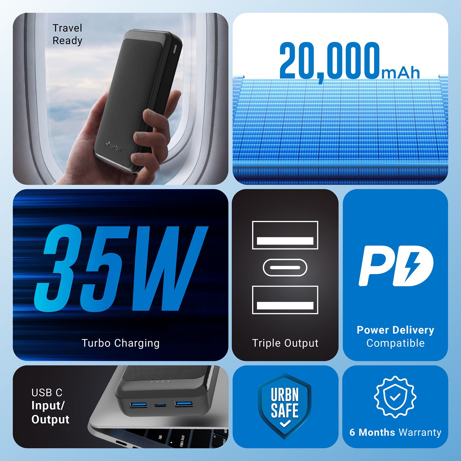 urbn UPR217 20000 mAh 35W Fast Charging Power Bank (2 Type A & 1 Type C Ports, Battery Temperature Protection, Black)_4