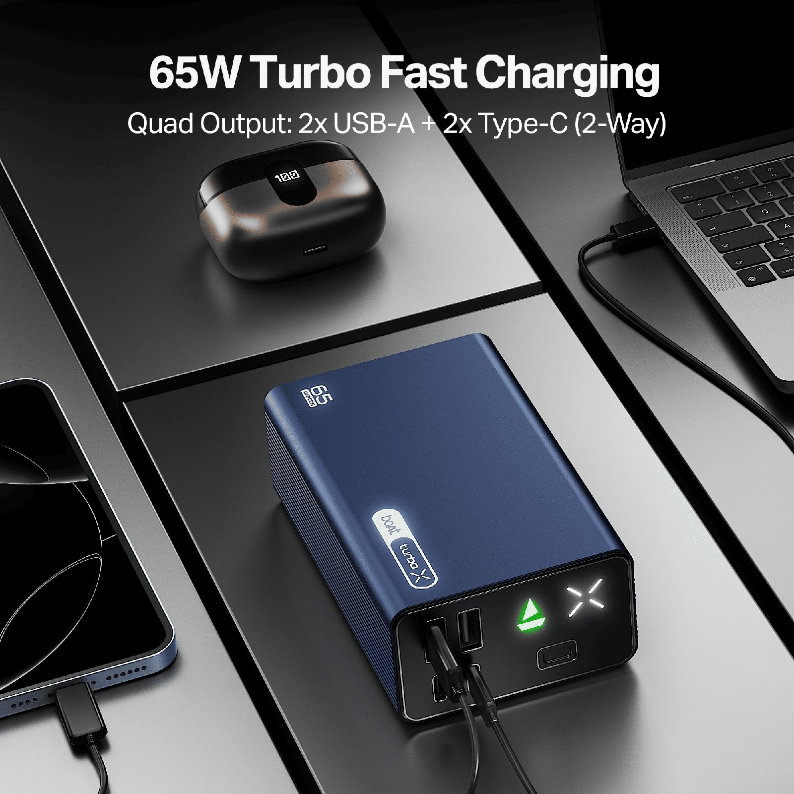 boAt Energyshroom Turbo X 30000 mAh 65W Fast Charging Power Bank (2 Type A, 2 Type C Ports, LED Indicator, Navy Blue) boAt Energyshroom Turbo X 30000 mAh 65W Fast Charging Power Bank (2 Type A, 2 Type C Ports, LED Indicator, Navy Blue)_9