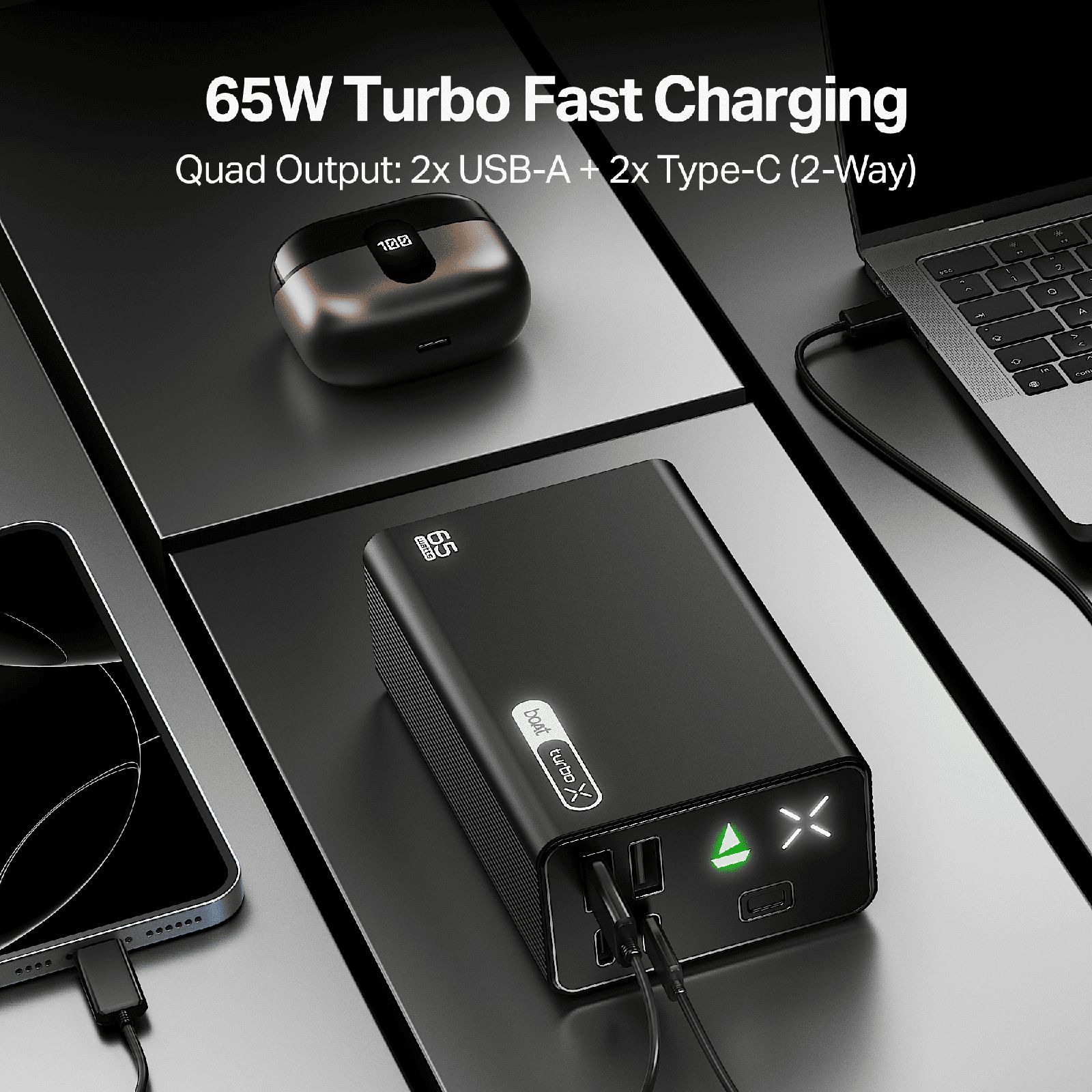 boAt Energyshroom Turbo X 30000 mAh 65W Fast Charging Power Bank (2 Type A, 2 Type C Ports, LED Indicator, Onyx Black) boAt Energyshroom Turbo X 30000 mAh 65W Fast Charging Power Bank (2 Type A, 2 Type C Ports, LED Indicator, Onyx Black)_7