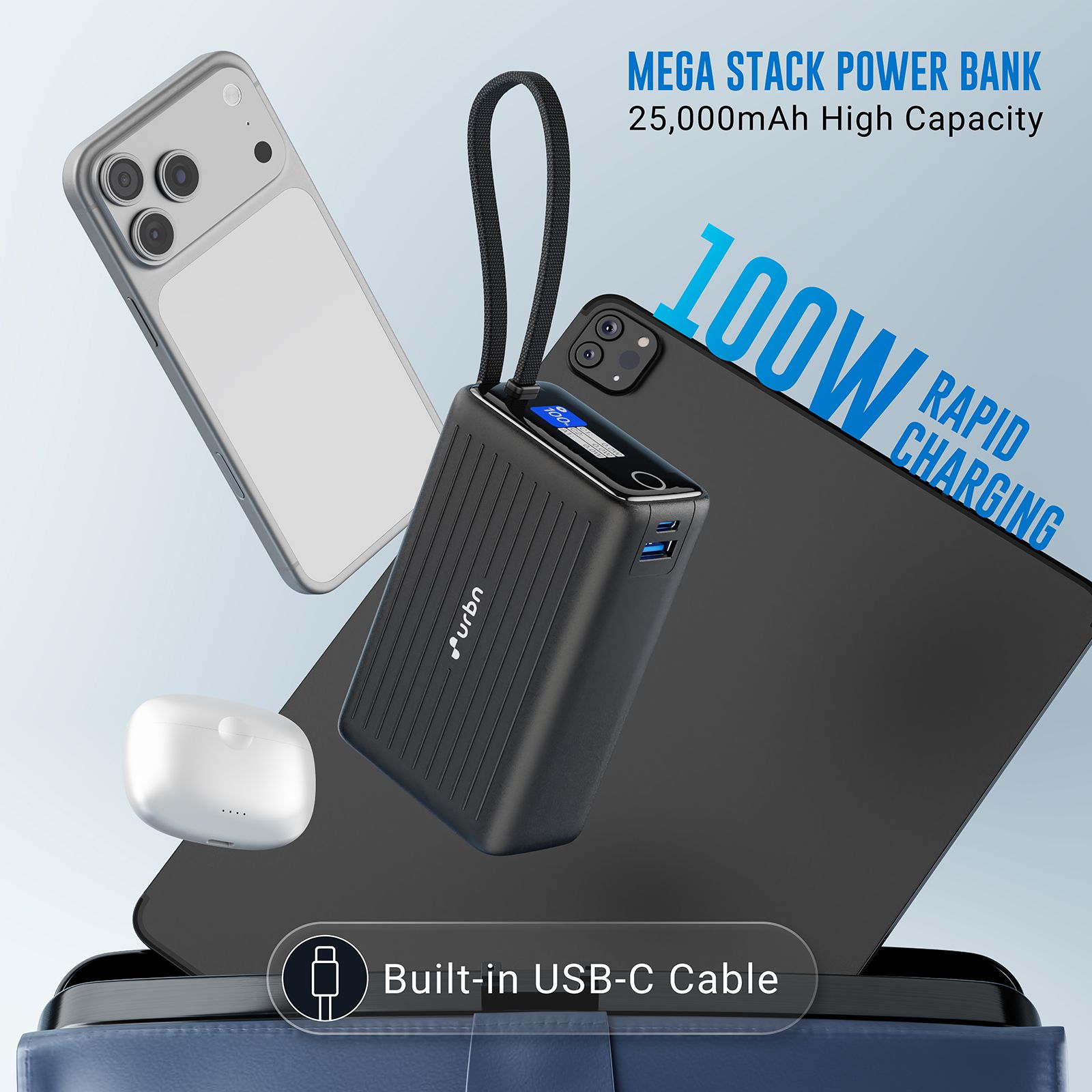urbn Mega Stack 25000 mAh 100W Fast Charging Power Bank (1 Type A & 1 Type C Ports, 1 Built-in Type-C Cable, Smart Digital Display, Black)_11