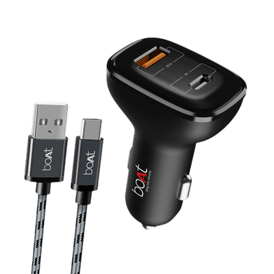 boAt Dual QC PD 42W Type A & Type C 2 Port Car Charger (Type A to Type C, Smart IC Protection, Black)