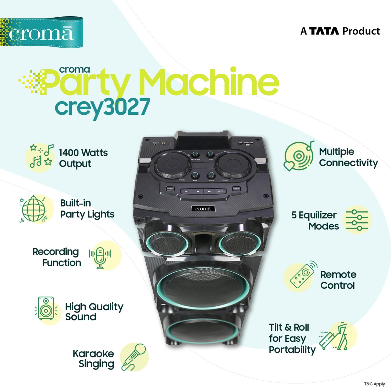 Croma 1400W Bluetooth Party Speaker (Dynamic Bass Boost, Black) Croma 1400W Bluetooth Party Speaker (Dynamic Bass Boost, Black)_8