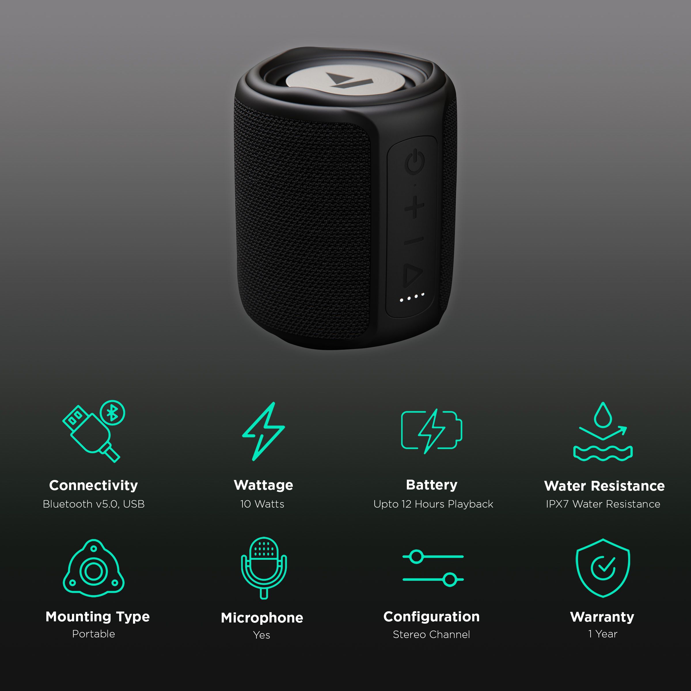 boAt Stone 358 10W Portable Bluetooth Speaker (IPX7 Water Resistant, Multi-Compatibility Modes, Mono Speaker, Black)_2