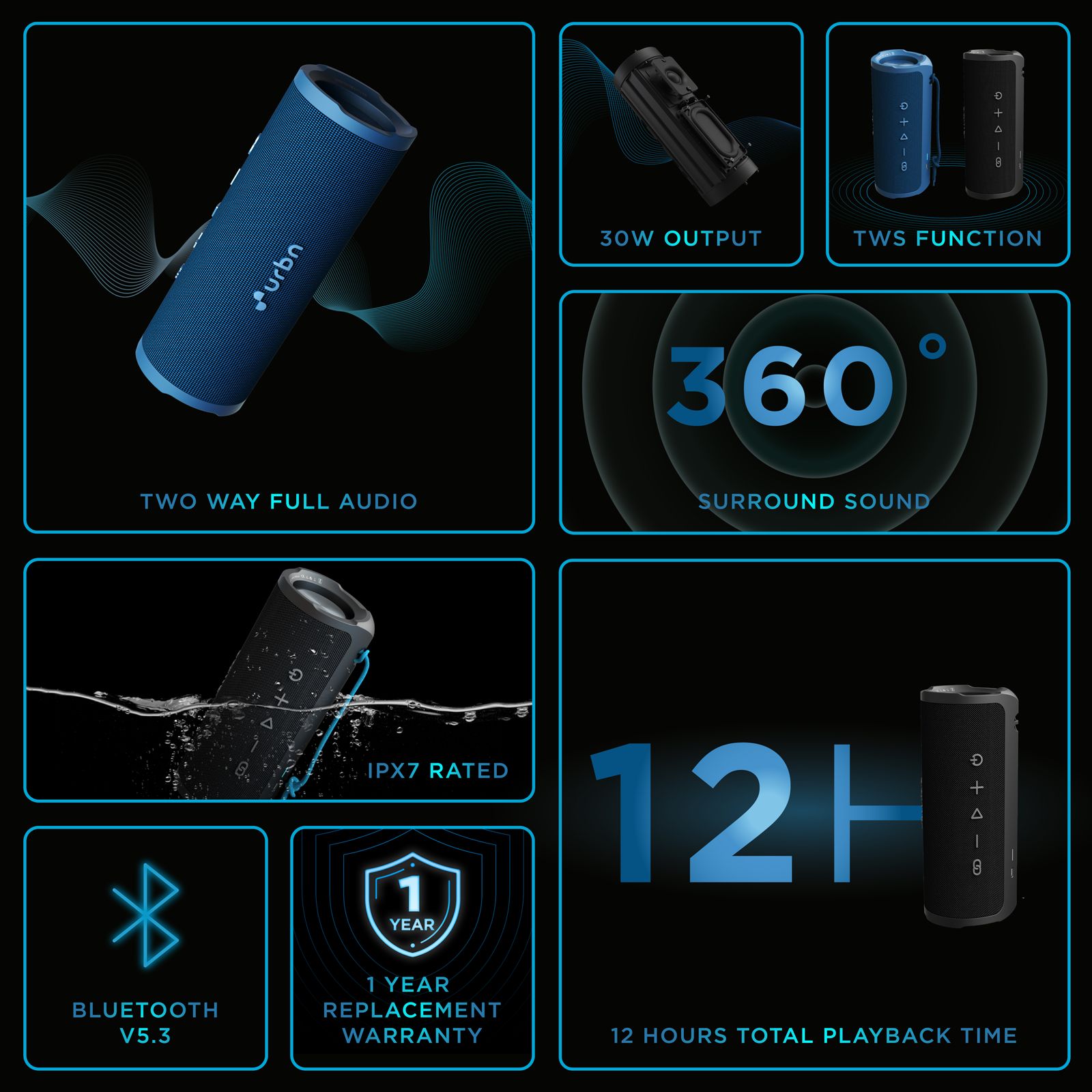 urbn Bang 250 30W Portable Bluetooth Speaker (IPX7 Water Resistant, TWS Functionality, 2.0 Channel, Black) urbn Bang 250 30W Portable Bluetooth Speaker (IPX7 Water Resistant, TWS Functionality, 2.0 Channel, Black)_8