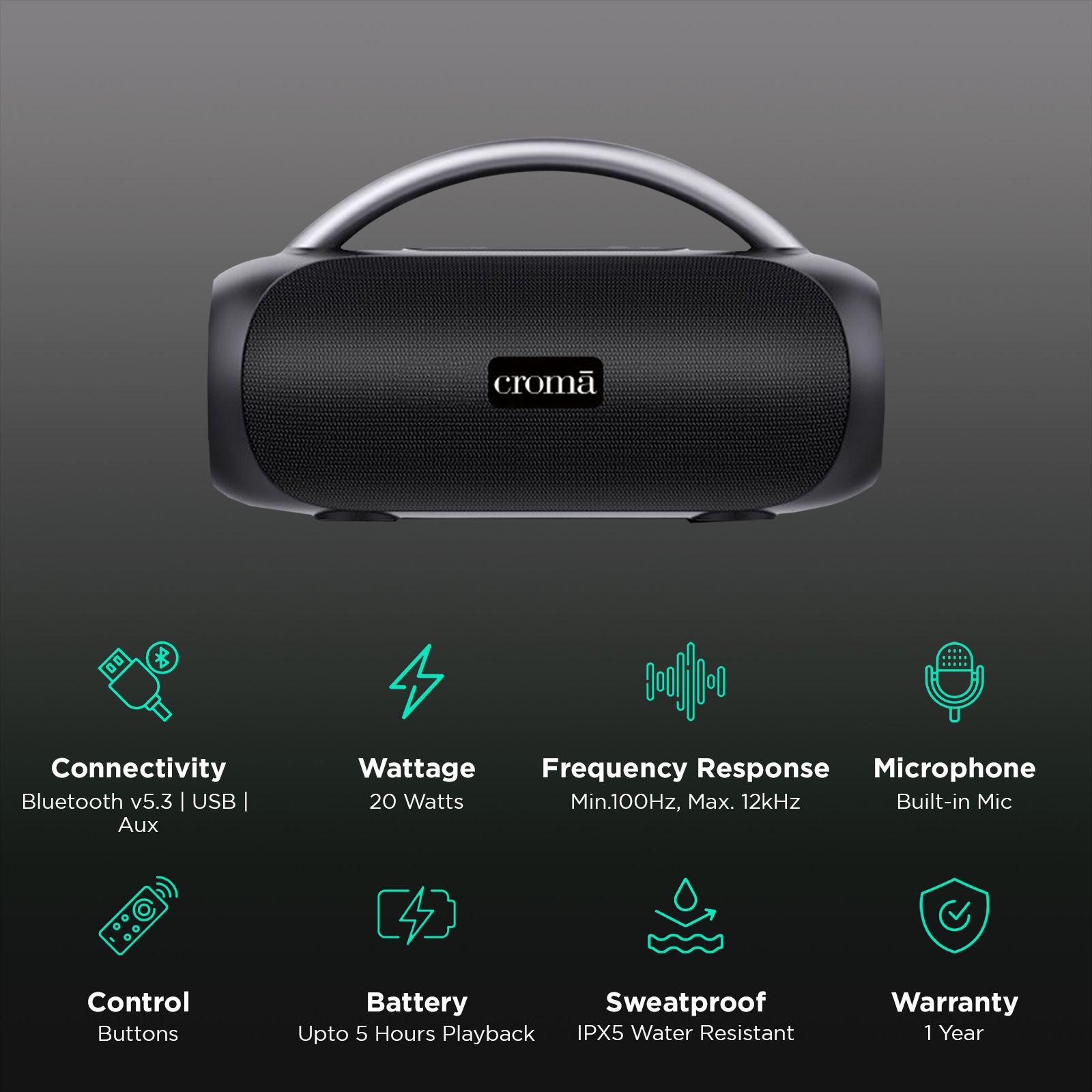 Croma 20W Portable Bluetooth Speaker (IPX5 Water Resistant, 5 Hours Playback Time, Premium Black) Croma 20W Portable Bluetooth Speaker (IPX5 Water Resistant, 5 Hours Playback Time, Premium Black)_2