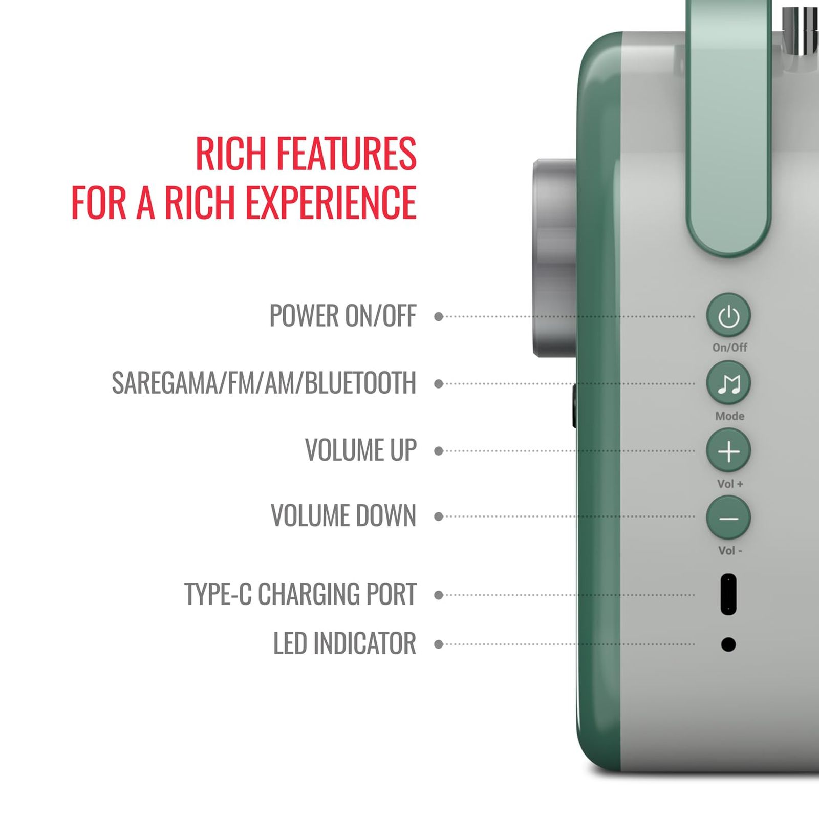 SAREGAMA Carvaan Lite Hindi 20 Watts Portable Bluetooth Speaker (5 Hours Playtime, Stereo Channel, Jade Green)_9