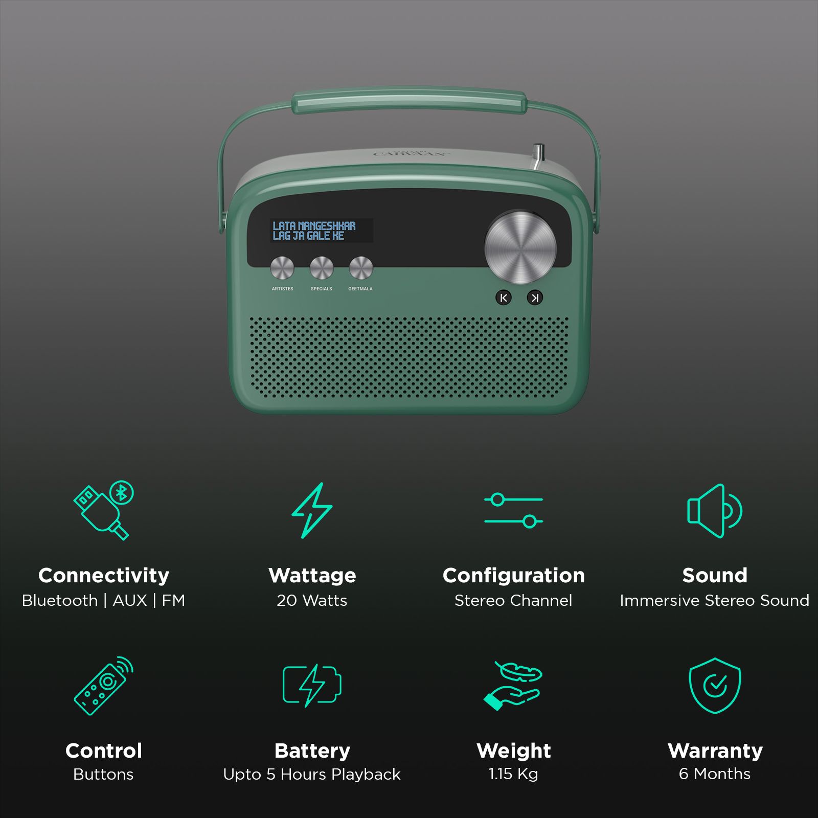 SAREGAMA Carvaan Lite Hindi 20 Watts Portable Bluetooth Speaker (5 Hours Playtime, Stereo Channel, Jade Green)_2