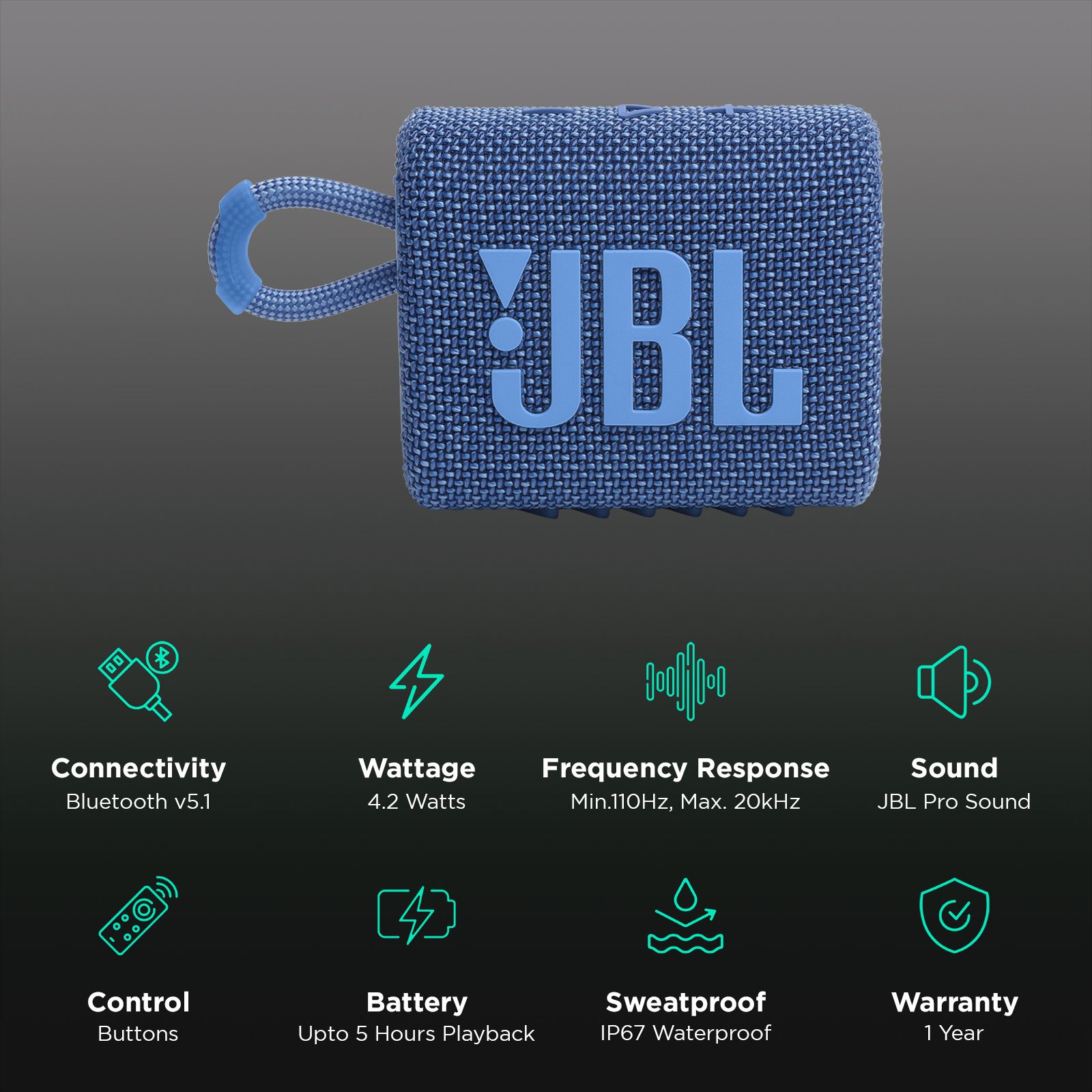 JBL Go 3 Eco 4.2W Portable Bluetooth Speaker (IP67 Waterproof, 5 Hours Playtime, 1.0 Channel, Blue) JBL Go 3 Eco 4.2W Portable Bluetooth Speaker (IP67 Waterproof, 5 Hours Playtime, 1.0 Channel, Blue)_2