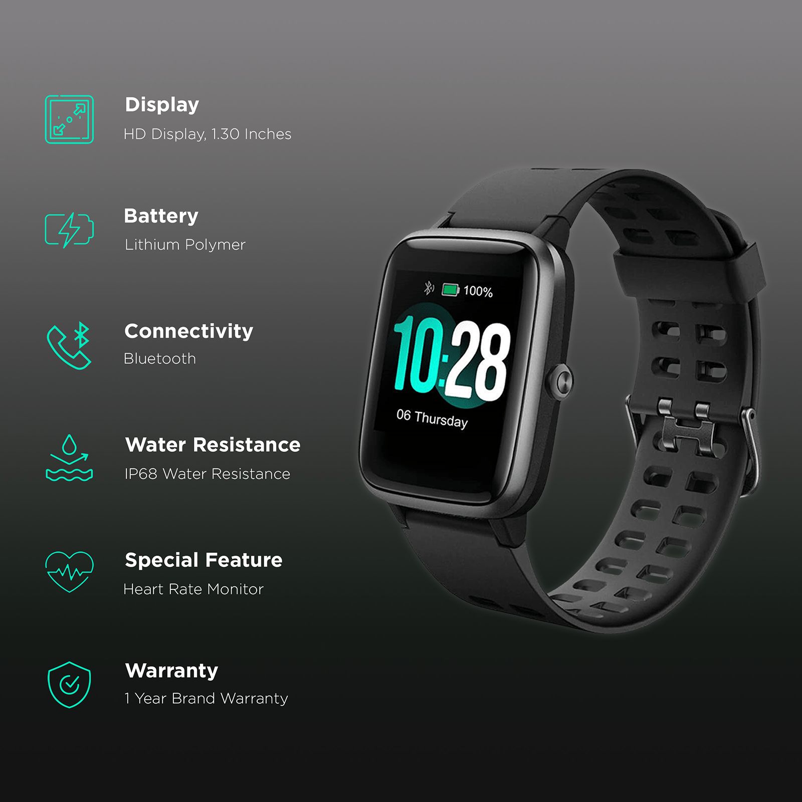 PORTRONICS Yogg Kronos Smartwatch with Activity Tracker (33mm TFT-LCD Display, IP68 Water Resistant, Black)_2