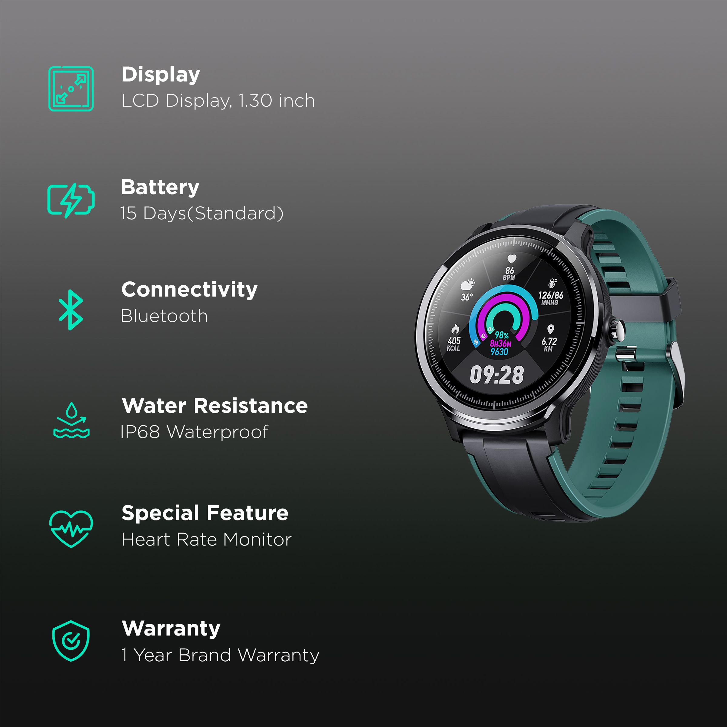 CROSSBEATS Ace Smartwatch with GPS (33mm LCD Display, IP68 Waterproof, Black Sea Green Strap)_2