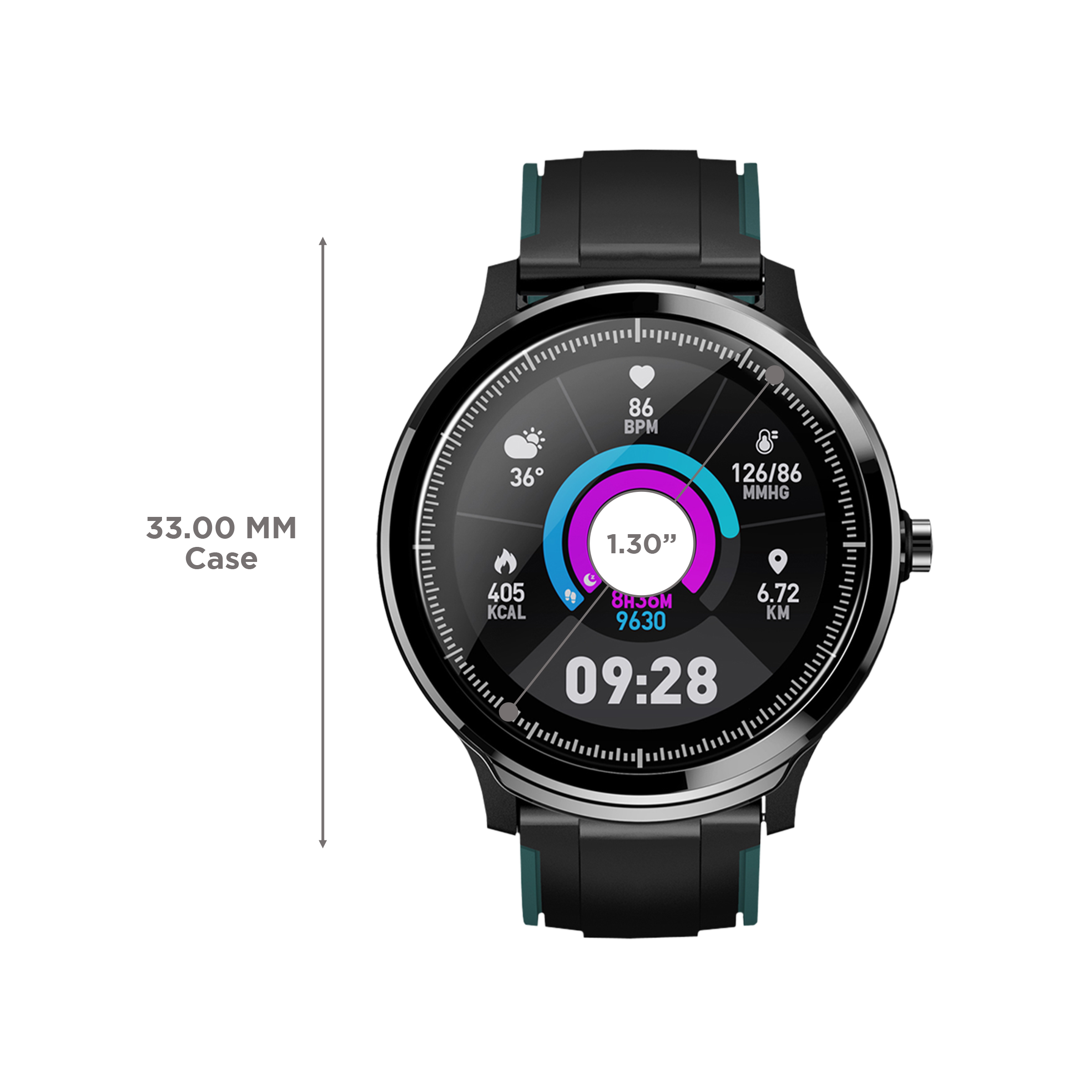 CROSSBEATS Ace Smartwatch with GPS (33mm LCD Display, IP68 Waterproof, Black Sea Green Strap)_3