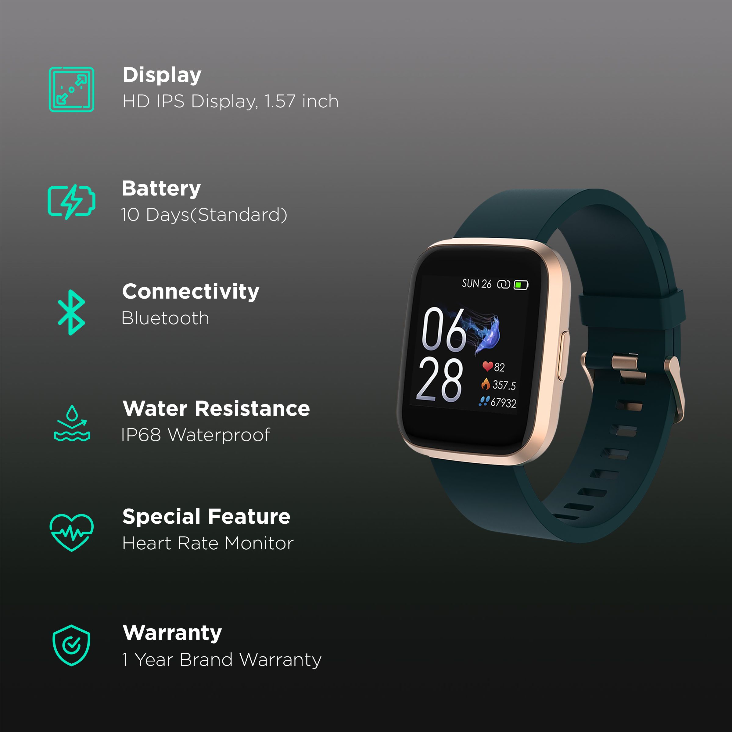 CROSSBEATS Ignite Smartwatch with GPS (40mm HD IPS Display, IP68 Waterproof, Green Strap)_2