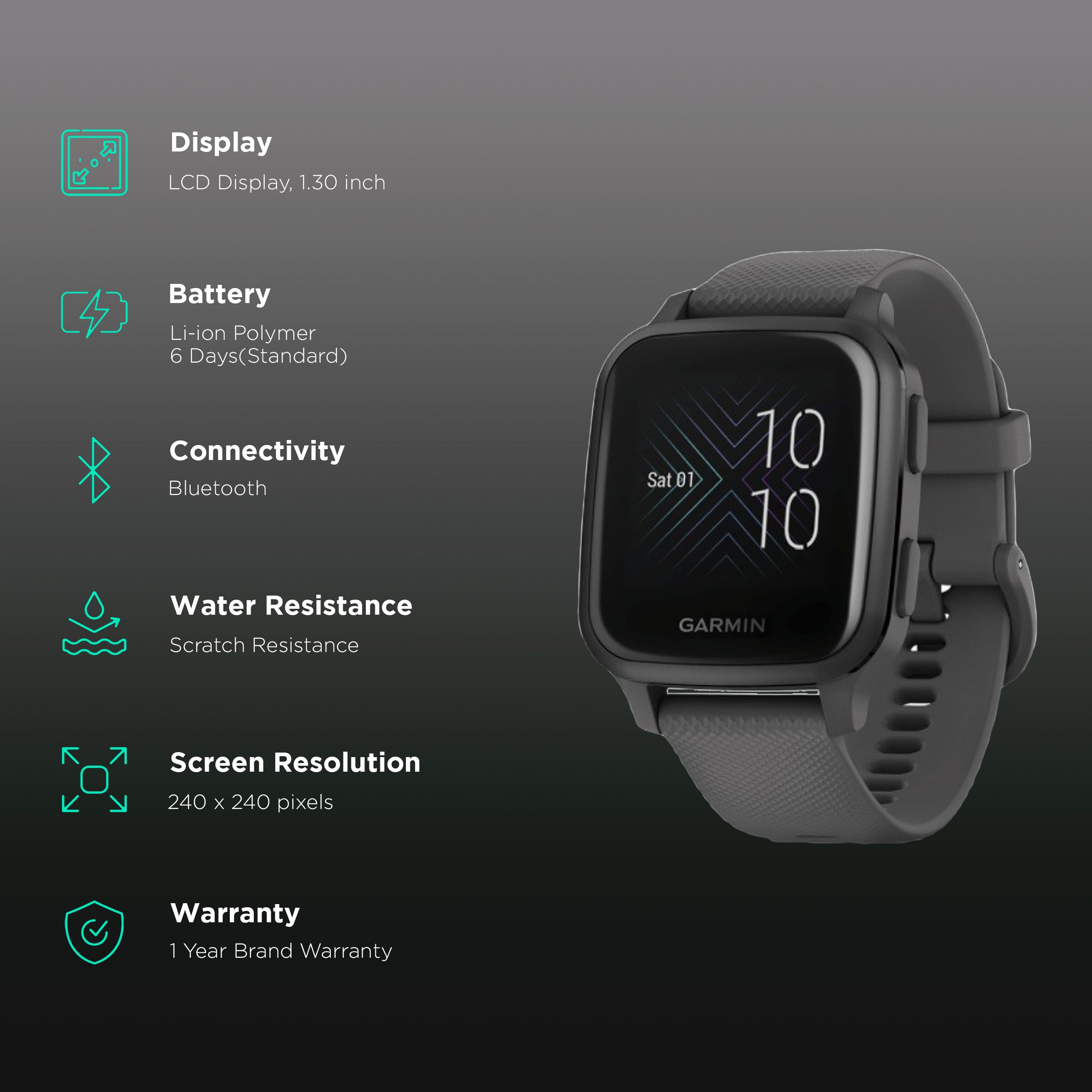 GARMIN Venu Sq Smartwatch with Activity Tracker (33.1mm with MIP Display, Water Resistant, Shadow Gray & Slate Strap)_2