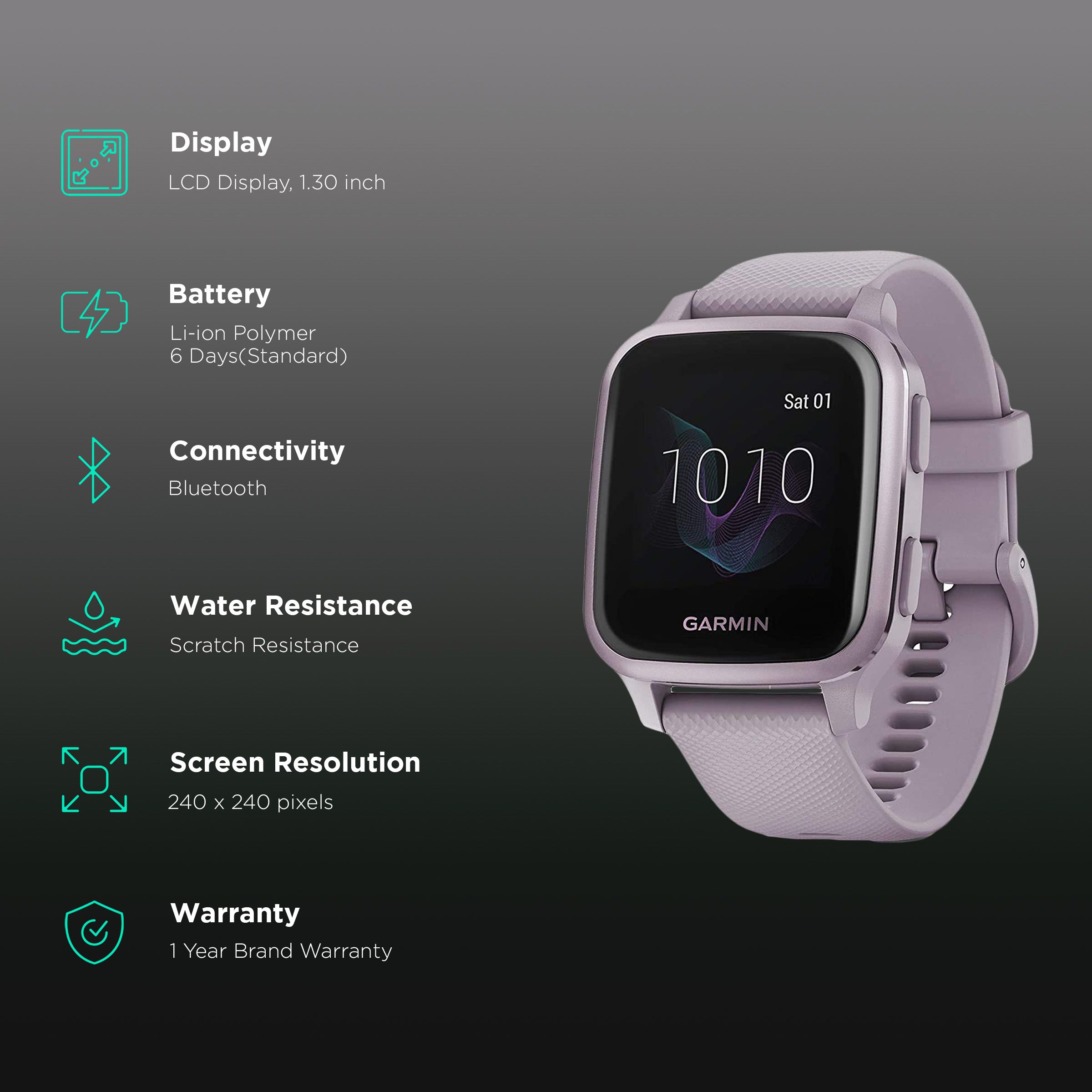 GARMIN Venu Sq Smartwatch with Activity Tracker (33.1mm with MIP Display, Water Resistant, Metallic Orchid Strap)_2