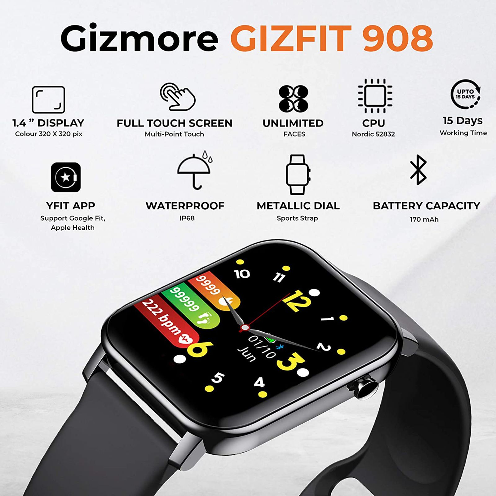 GIZmore Gizfit 908 Smartwatch with Activity Tracker (35.56mm Curved Display, IPX68 Sweat & Waterproof, Midnight Black)_10