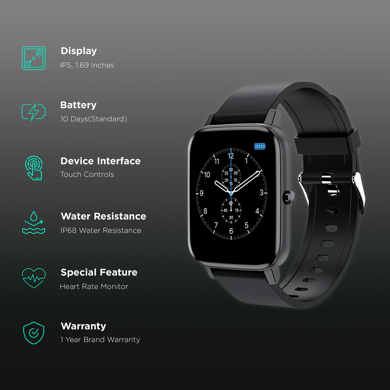 TAGG Verve Plus Smartwatch with Activity Tracker (42.9mm HD Display, IP68 Waterproof, Black)_2