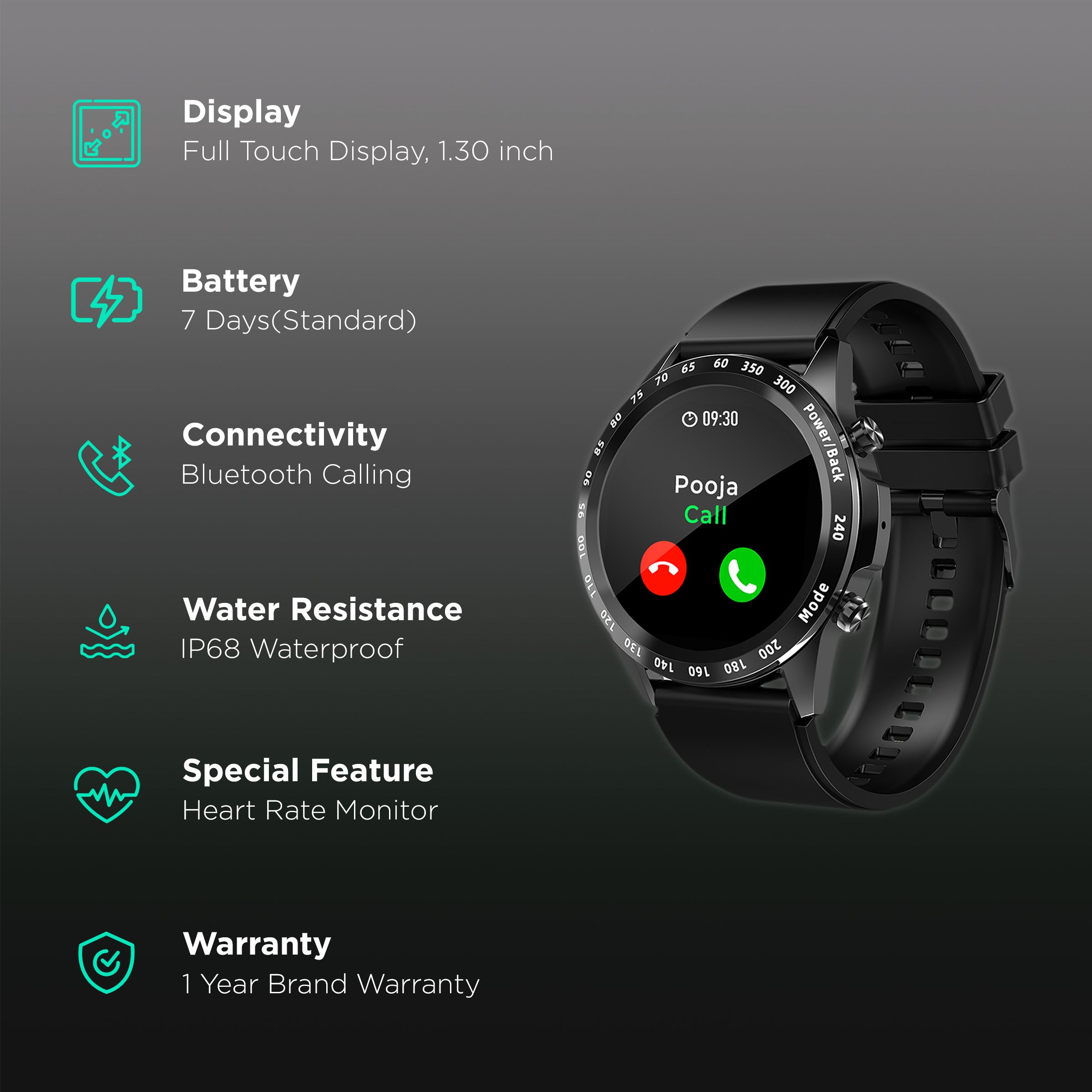 pTron Force X11s Smartwatch with Bluetooth Calling (33mm Full Touch Digital Display, IP68 Waterproof, Black Strap)_2