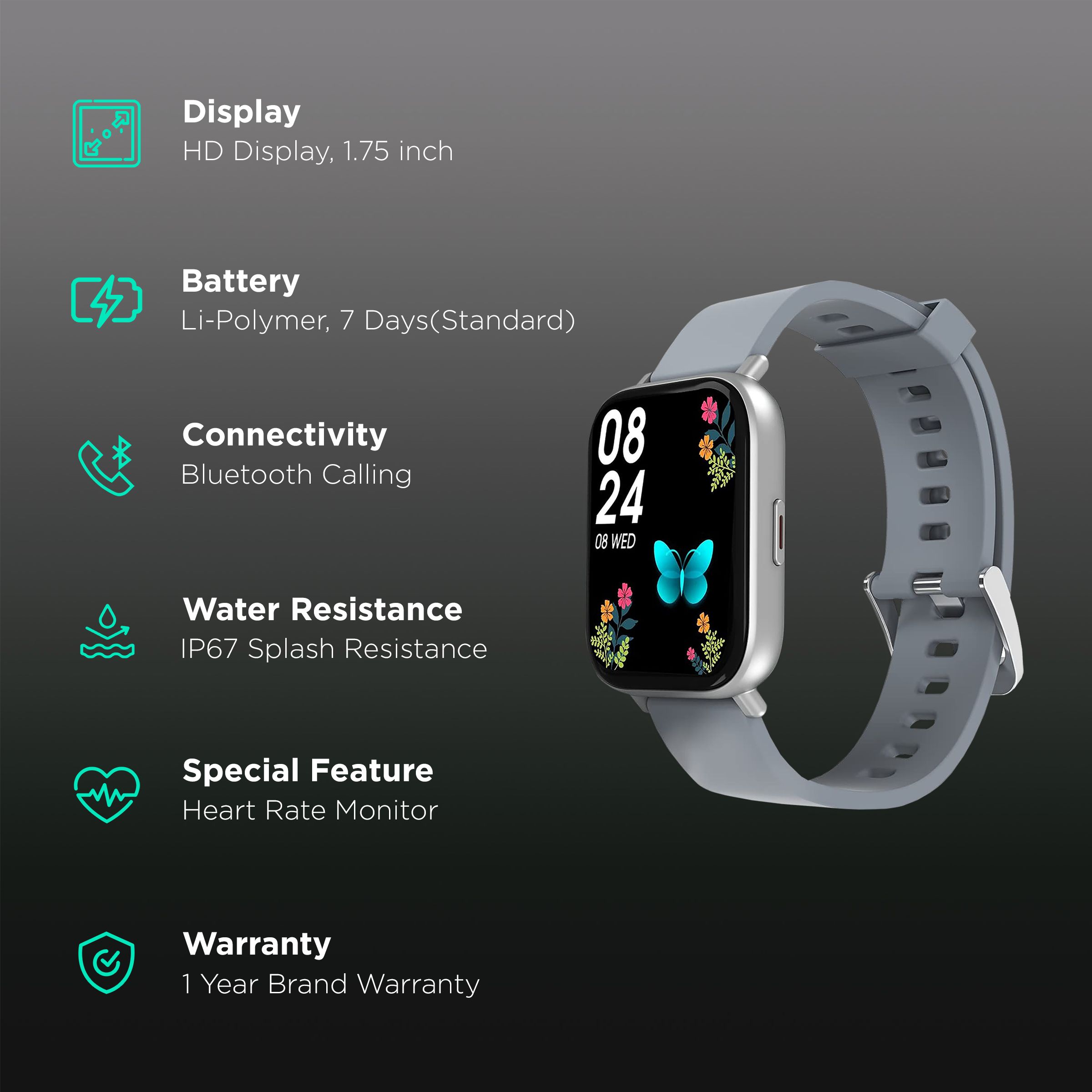 PORTRONICS Kronos Y1 Smartwatch with Bluetooth Calling (44.45mm HD Display, IP67 Splash Resistant, Grey Strap)_2